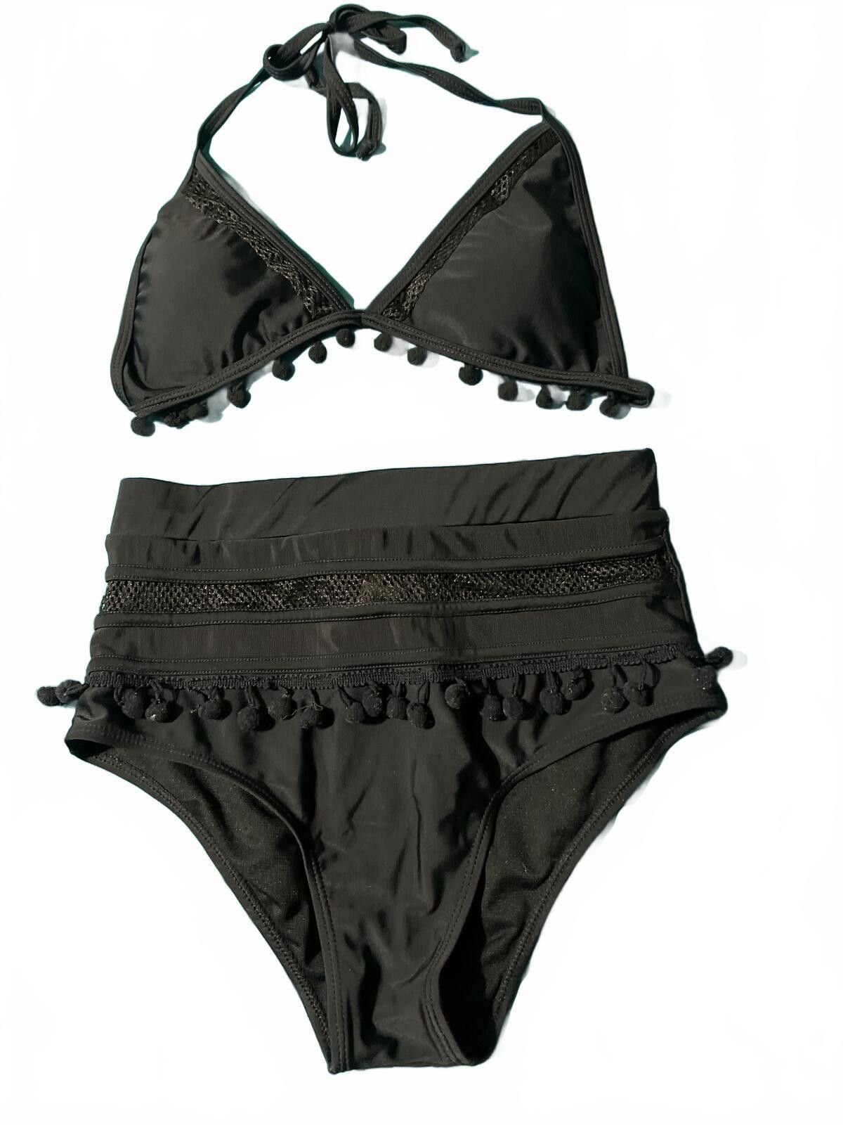 Unknown London Black Two-Piece High-Waisted Bikini Set with Pom Pom Trim Size ONE SIZE - 2 Thumbnail