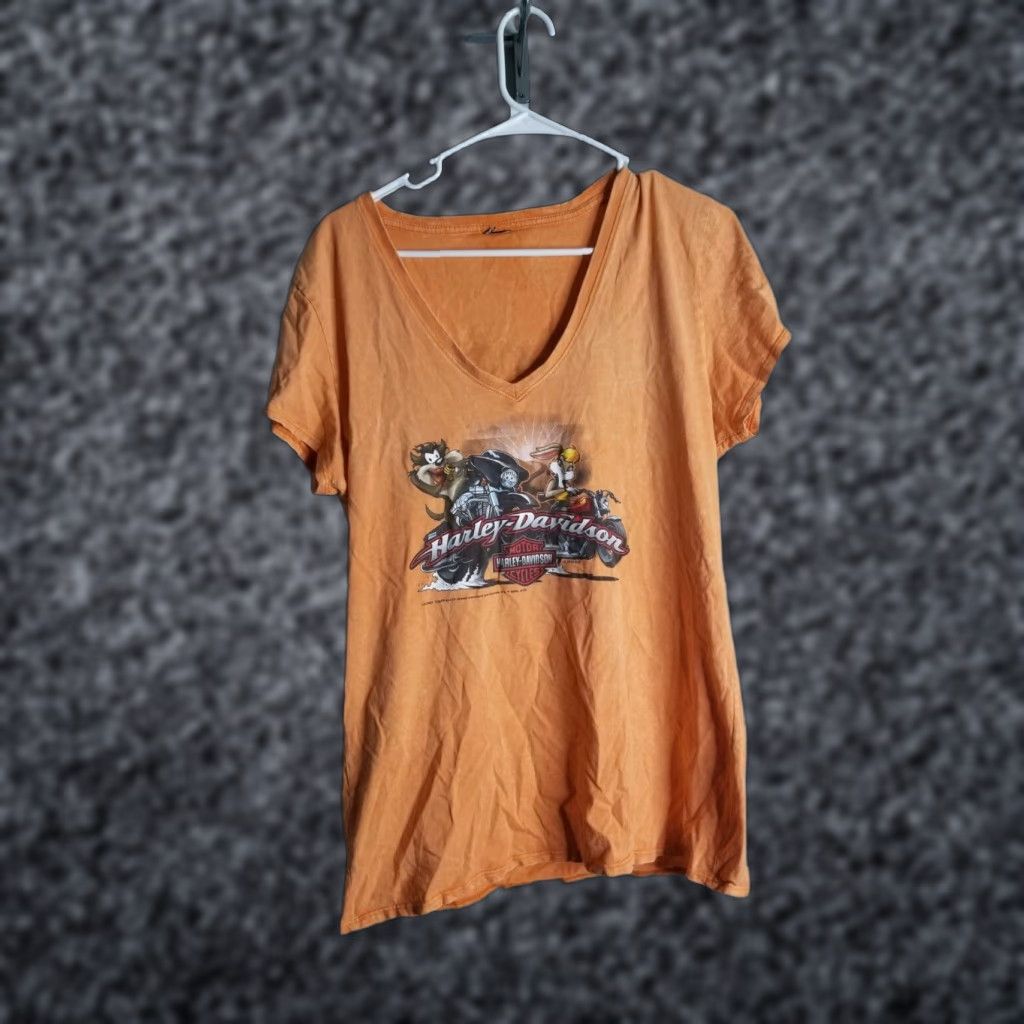 Harley Davidson Womens Harley-Davidson T-Shirt Live Looney Tunes Myrtle Beach Orange XL Cap Sleeve V-Neck Short Sleeve Double Sided Pattern: Stone Washed Size XL / US 12-14 / IT 48-50 - 1 Thumbnail