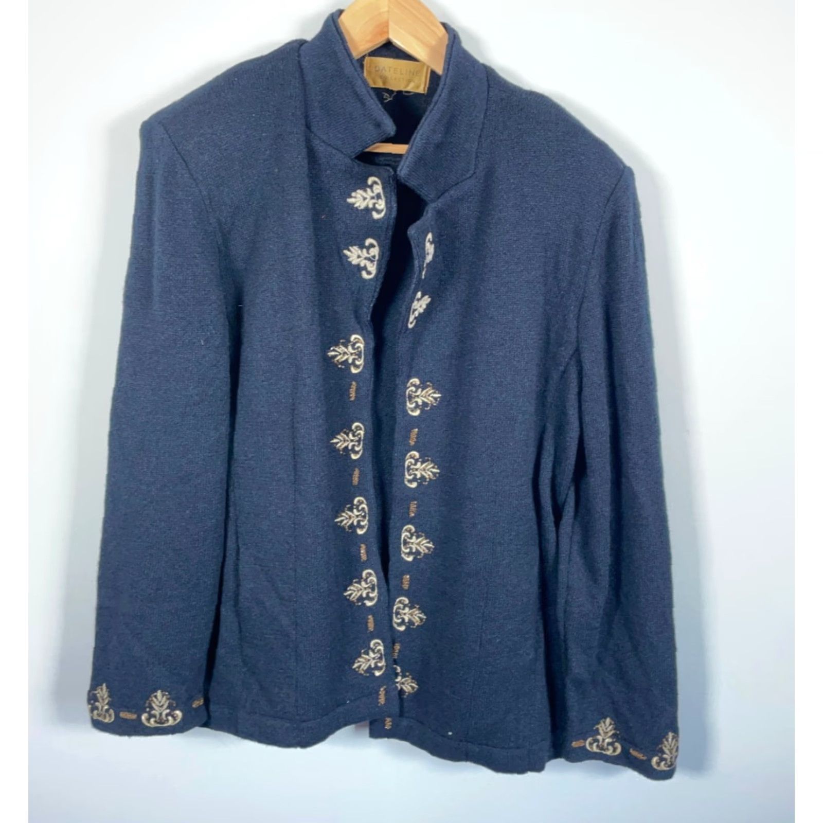 Vintage Dateline Collection Cardigan Women XL Dark Blue Beaded Silk Wool Open Front Knit V-Neck Hidden Shoulder Pads Knitwear Regular Size: XL Size XL / US 12-14 / IT 48-50 - 2 Thumbnail