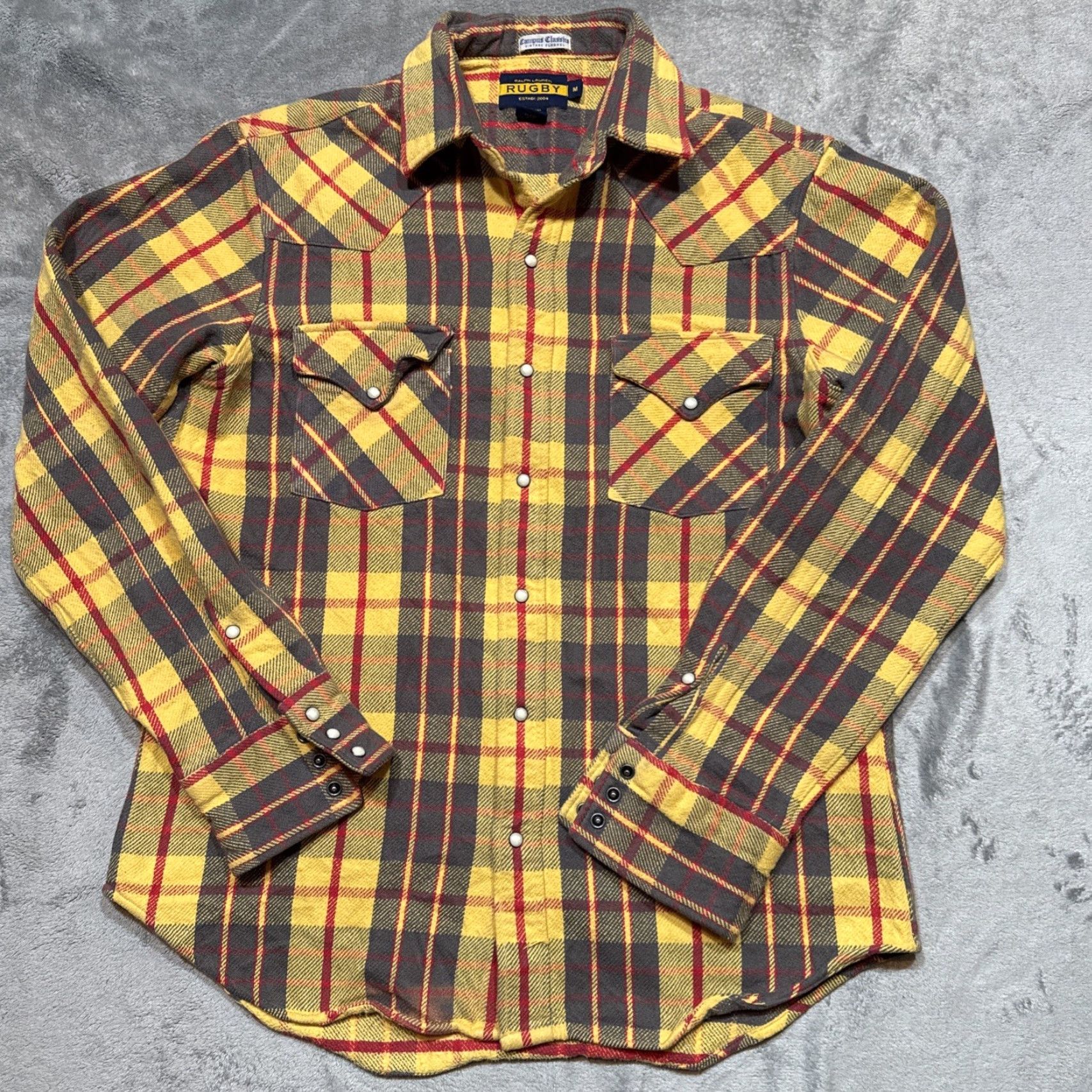 Ralph Lauren VINTAGE Ralph Lauren Rugby Shirt Plaid Flannel Heavyweight Pearl Snap M Yellow Men’s Regular Size M Size US M / EU 48-50 / 2 - 2 Thumbnail