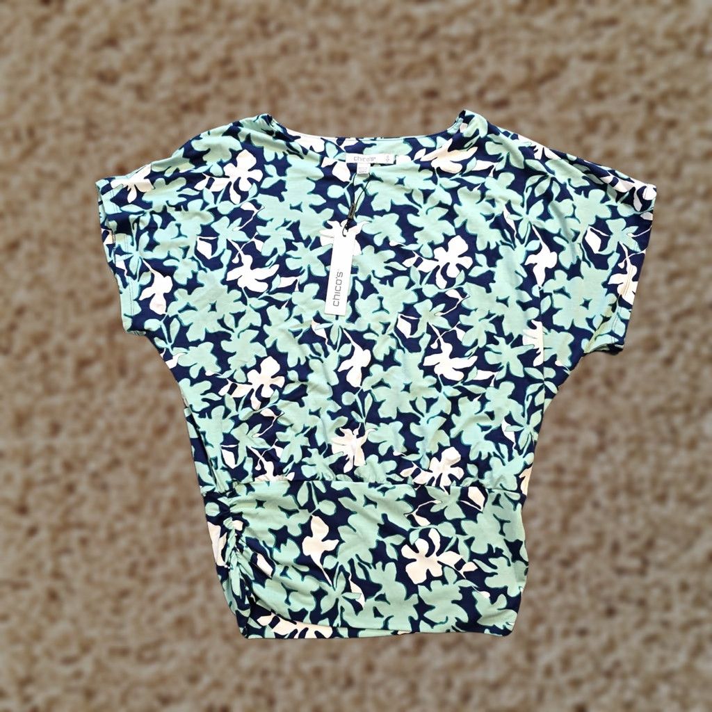 Vintage Chico's Top Blouse Womens Small Blue Floral Short Sleeve Boat Neck Casual Shirt Pullover Stretch Jersey Rayon Spandex Size S / US 4 / IT 40 - 1 Thumbnail