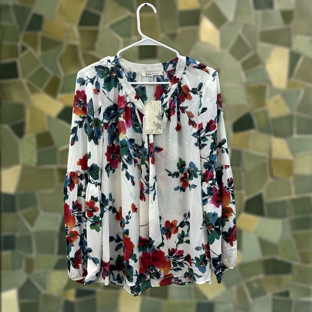 Vintage Black Rainn Blouse Shirt Womens Size L Long Sleeve White Sheer Floral NWTs Size L / US 10 / IT 46 - 1 Thumbnail