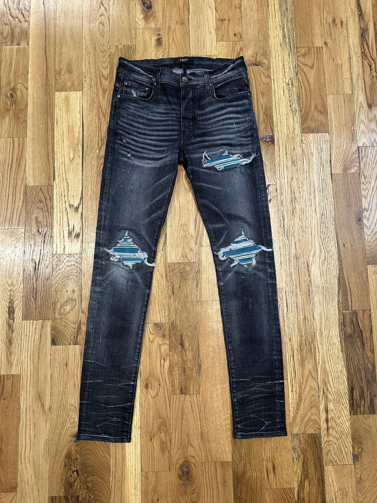 Pre-owned Amiri Mx1 Teal Suede Gray Denim Jeans Size 32 In Grey