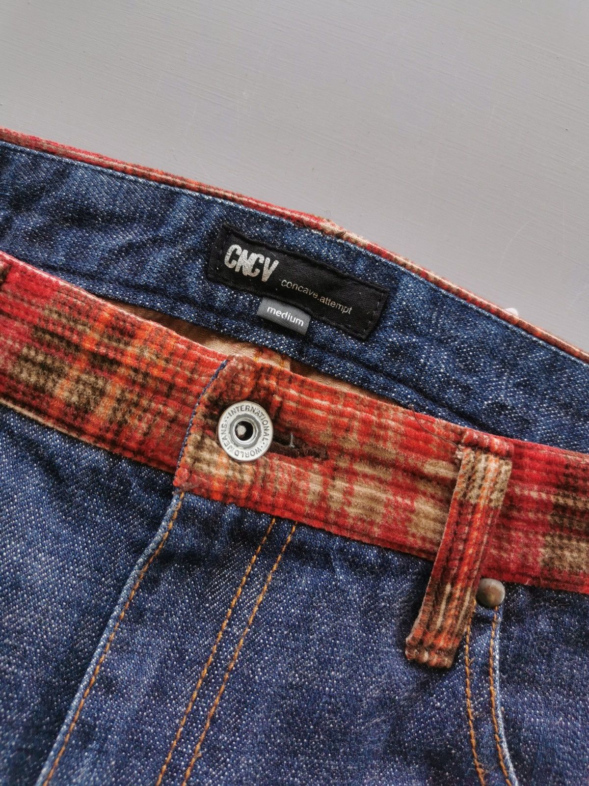 14th Addiction Concave Attempt Double Back Waist Tartan Denim Jeans Size US 33 - 8 Thumbnail