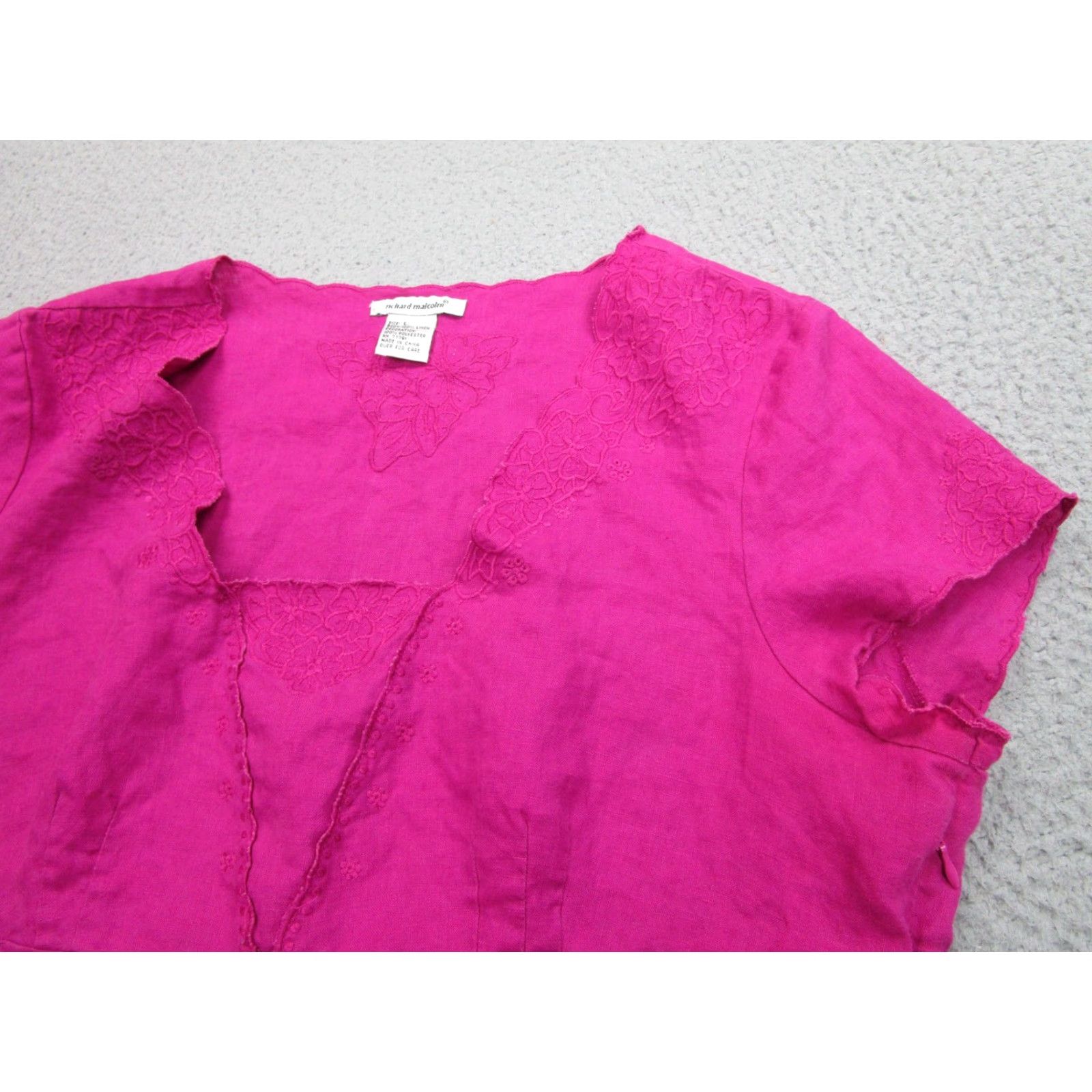 Vintage Richard Malcolm Blouse Womens L Pink Linen Embroidered V Neck Top Scallop Hem Size L / US 10 / IT 46 - 2 Thumbnail