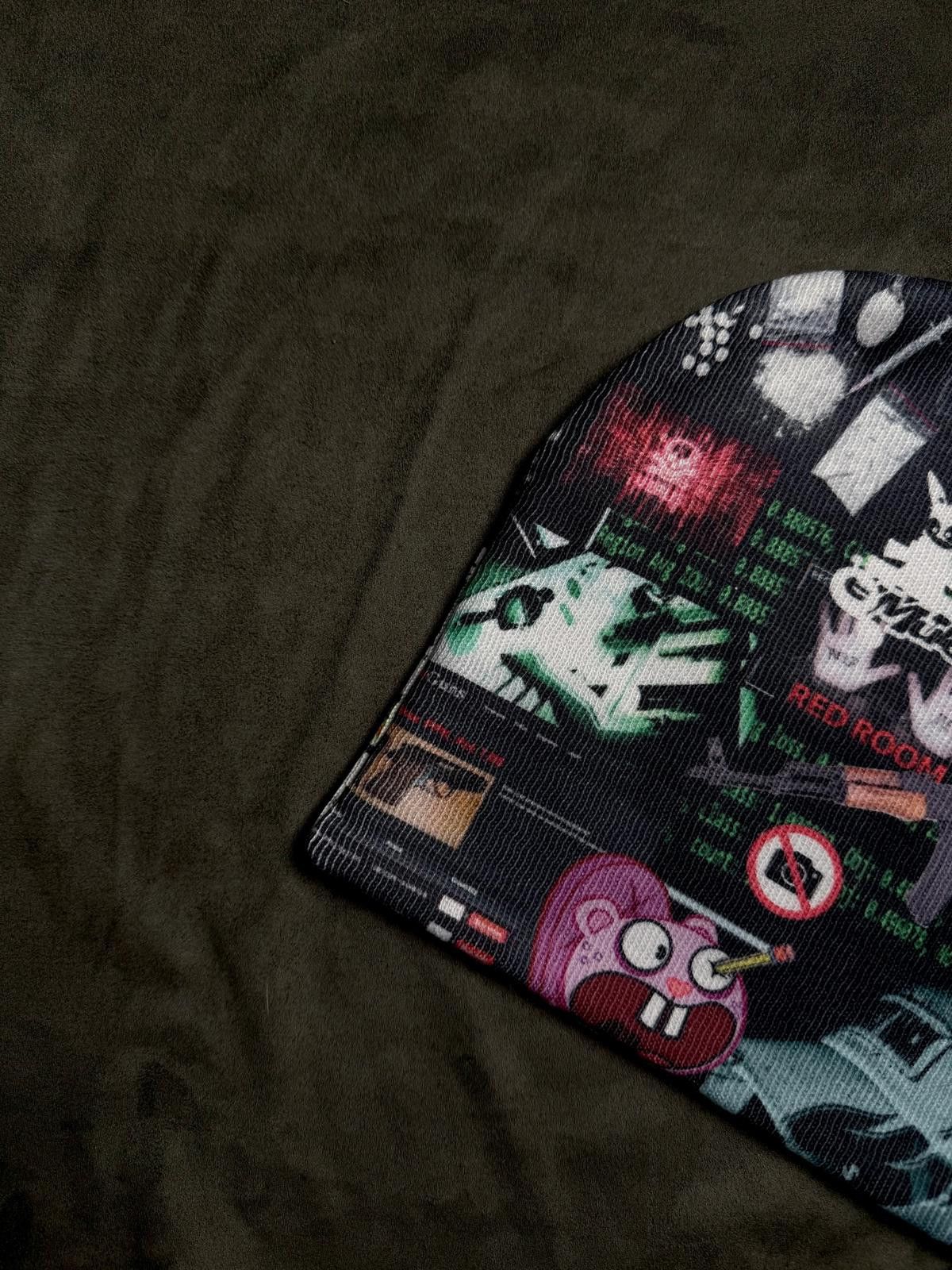 Japanese Brand Reversible Cyberpunk Graphic No Cuff Knit Black Beanie Hat Size ONE SIZE - 2 Thumbnail