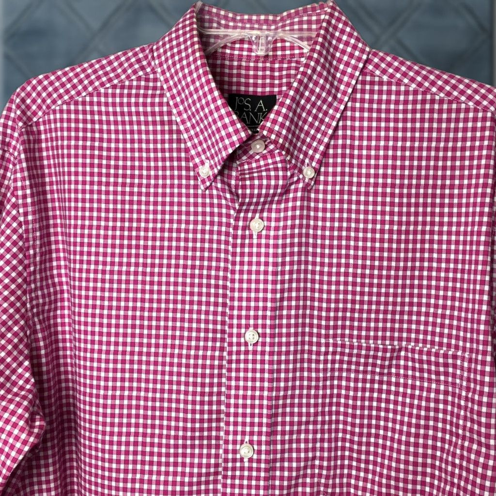 Jos. A. Bank Jos A Bank Shirt Mens Medium Pink Plaid Long Sleeve Button Down Button-Up Collar-Front Casual Tailored Cotton Regular Size US M / EU 48-50 / 2 - 1 Thumbnail