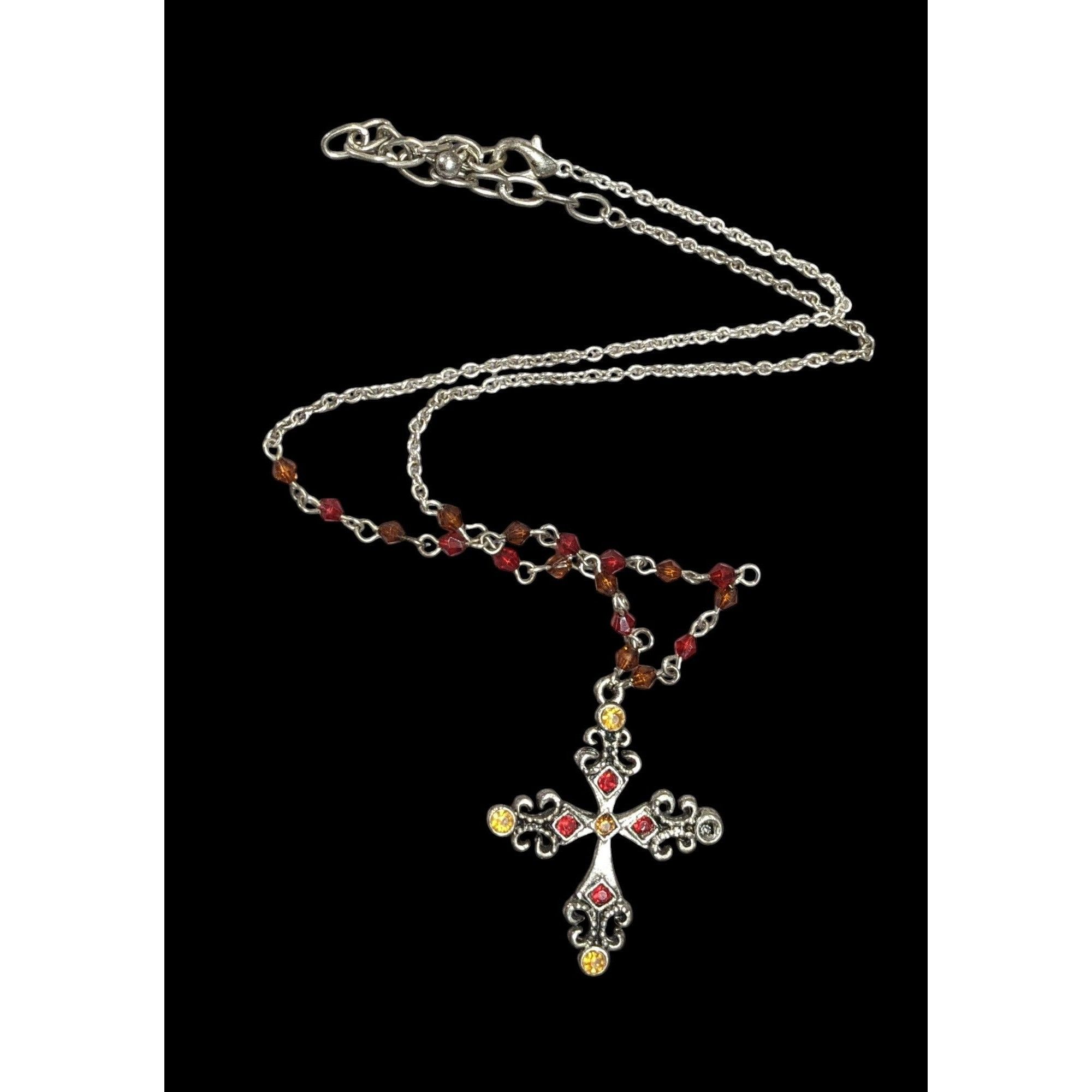 Other Gothic Medieval Red And Yellow Beaded Silver Tone Cross Neck Size ONE SIZE - 1 Thumbnail