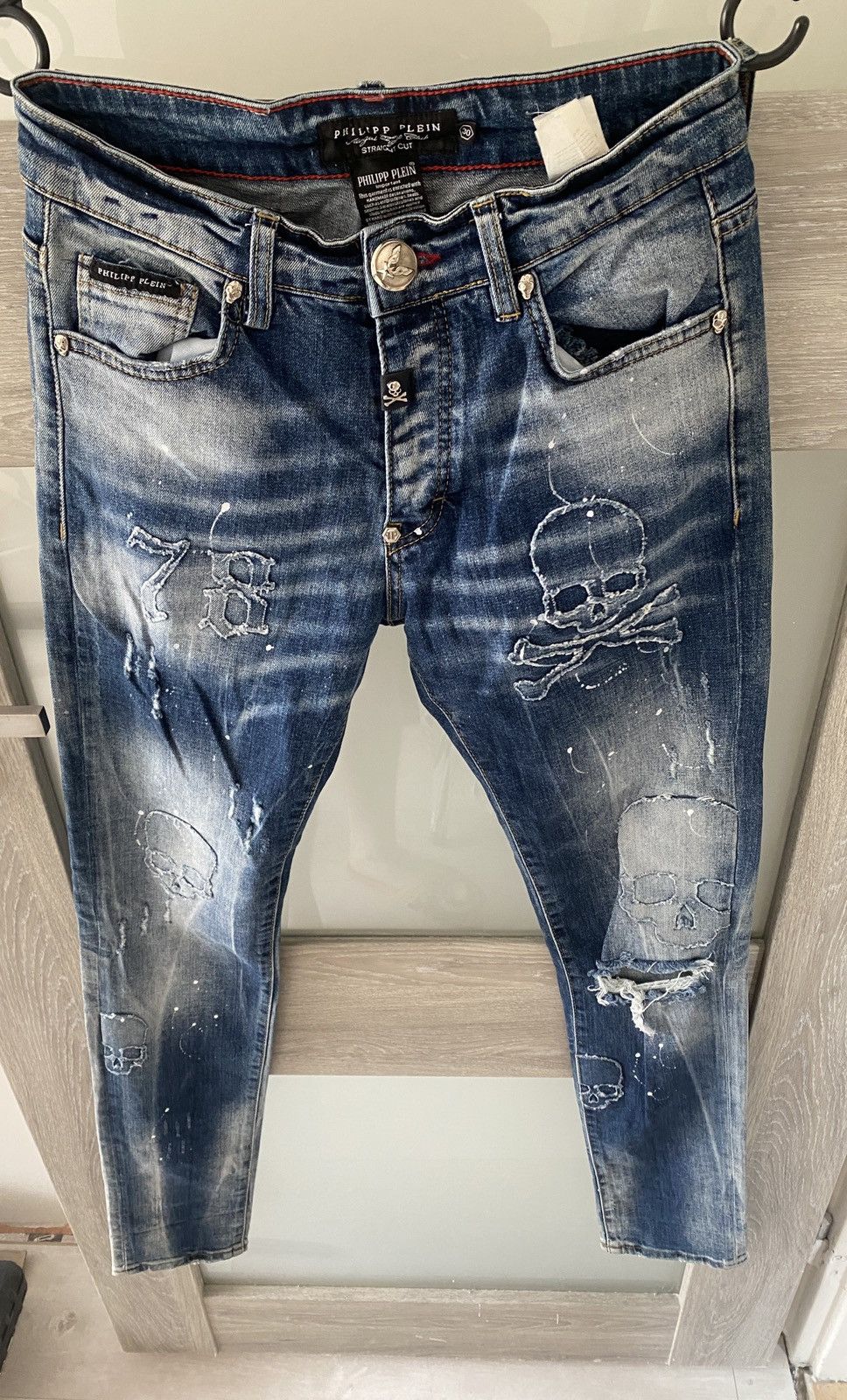 Luxury philipp plein straight cut jeans fullprint skeleton