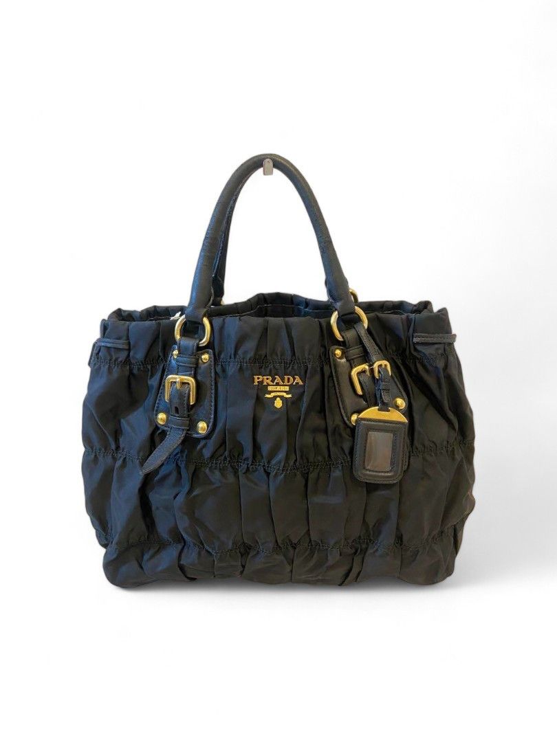 Prada Ruffle Handbag Black Leather Tote Bag Gold Hardware