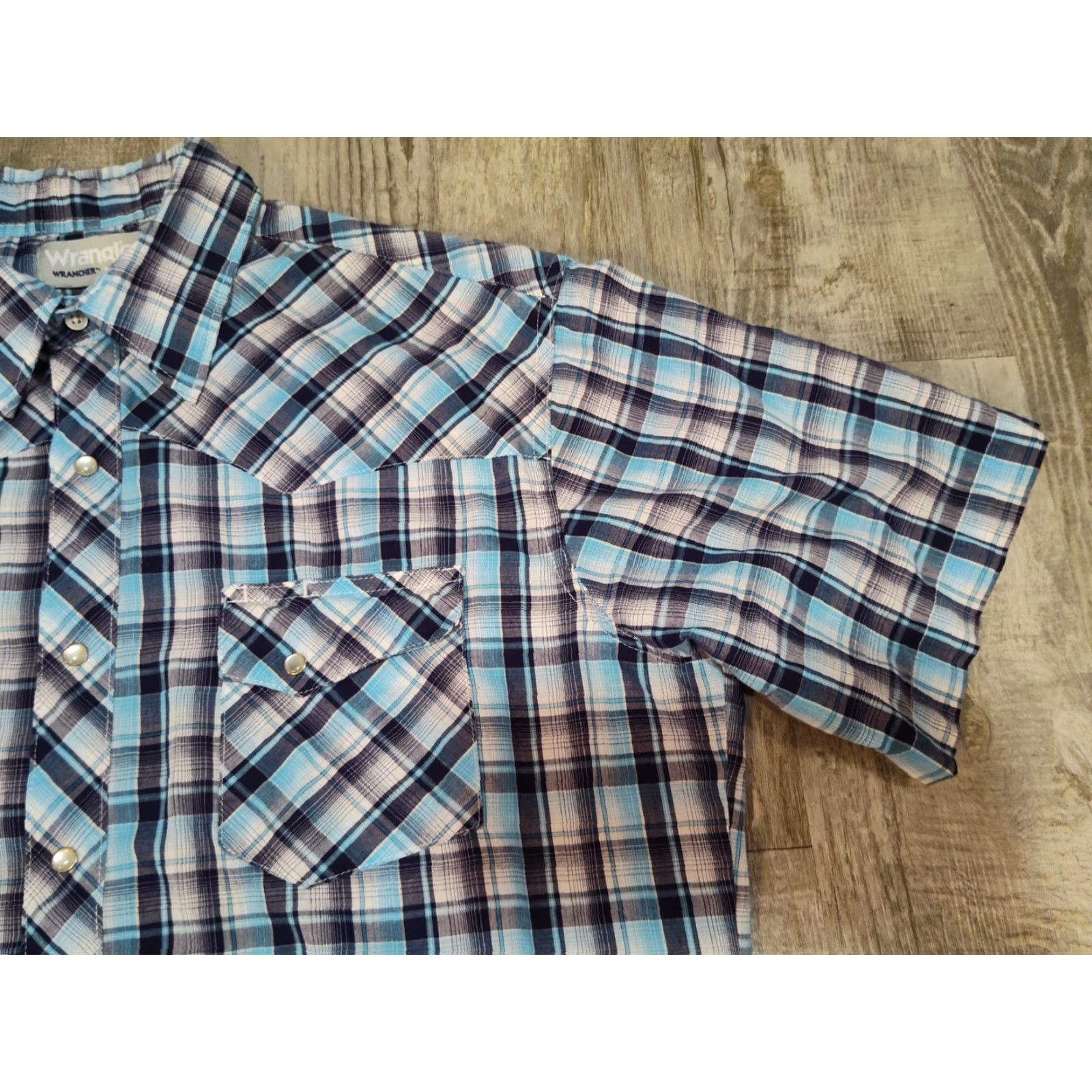 Wrangler WRANGLER Wrancher Blue Plaid Short Sleeve Snap Button Shirt Large Western Mens Size US L / EU 52-54 / 3 - 5 Thumbnail