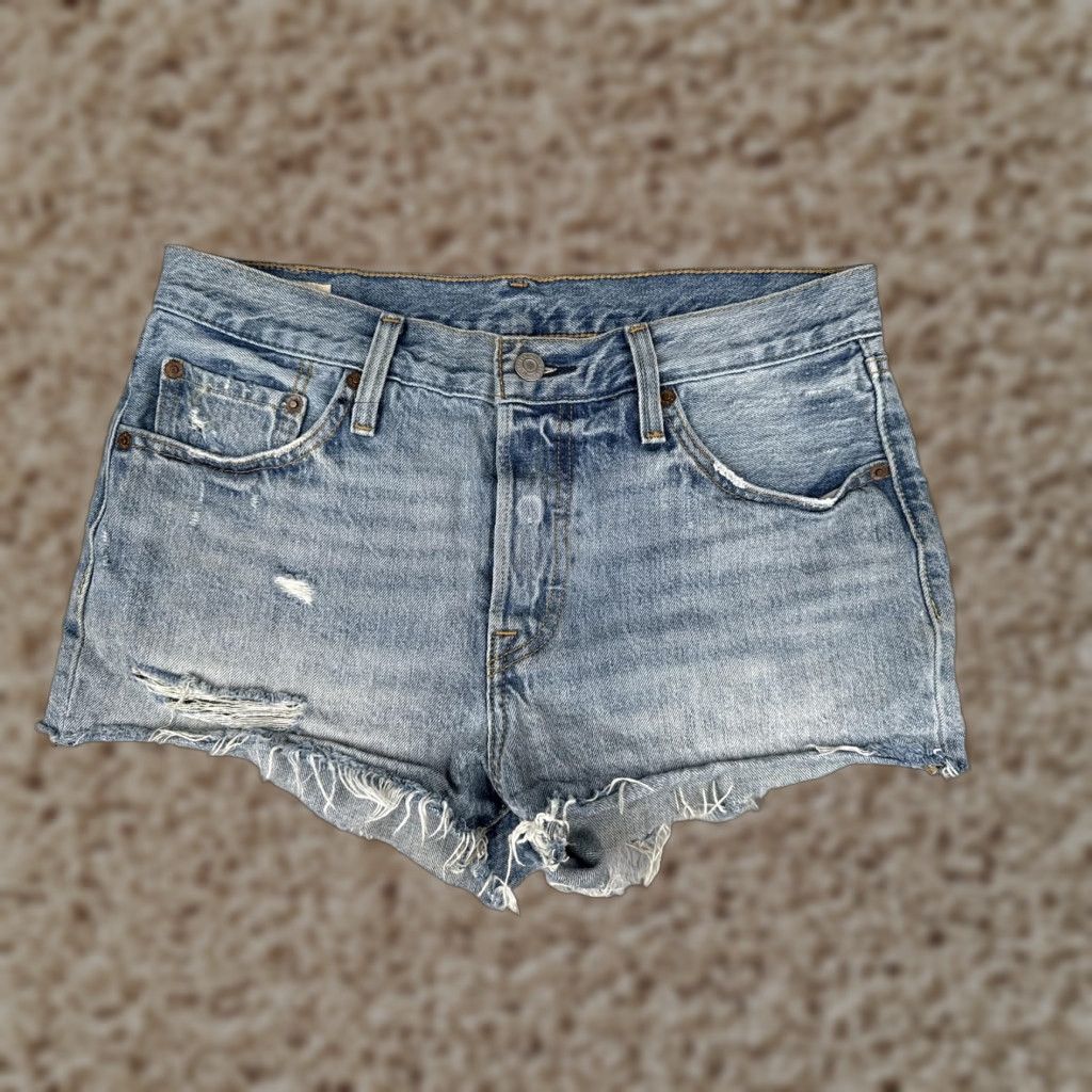 Levi's 501 Shorts Womens 28 Blue Button Fly High Rise Distressed Denim Big E