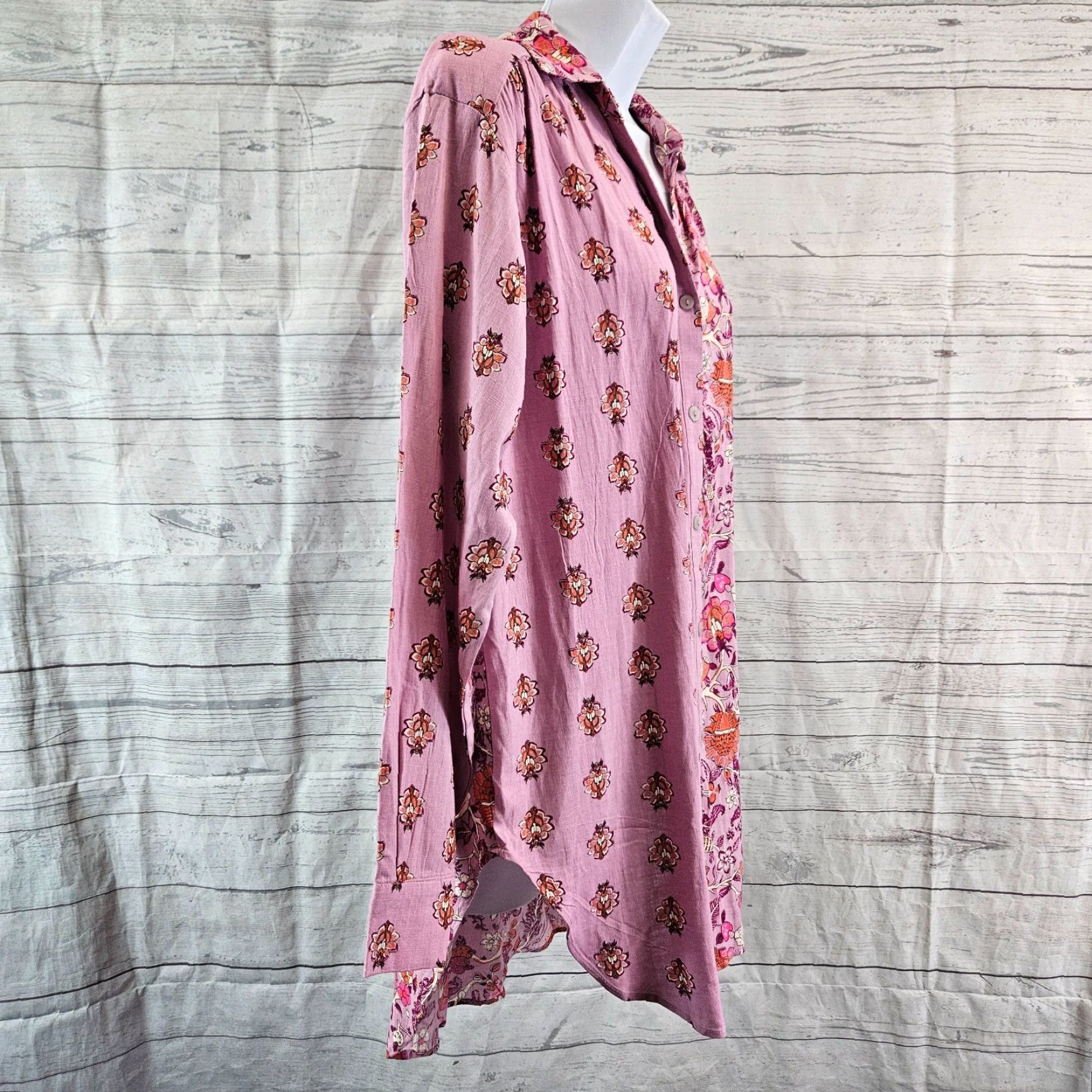 Vintage Knox Rose Womens Button Front Tunic Top S Purple Floral Long Sleeve Linen Rayon Size S Size S / US 4 / IT 40 - 3 Thumbnail