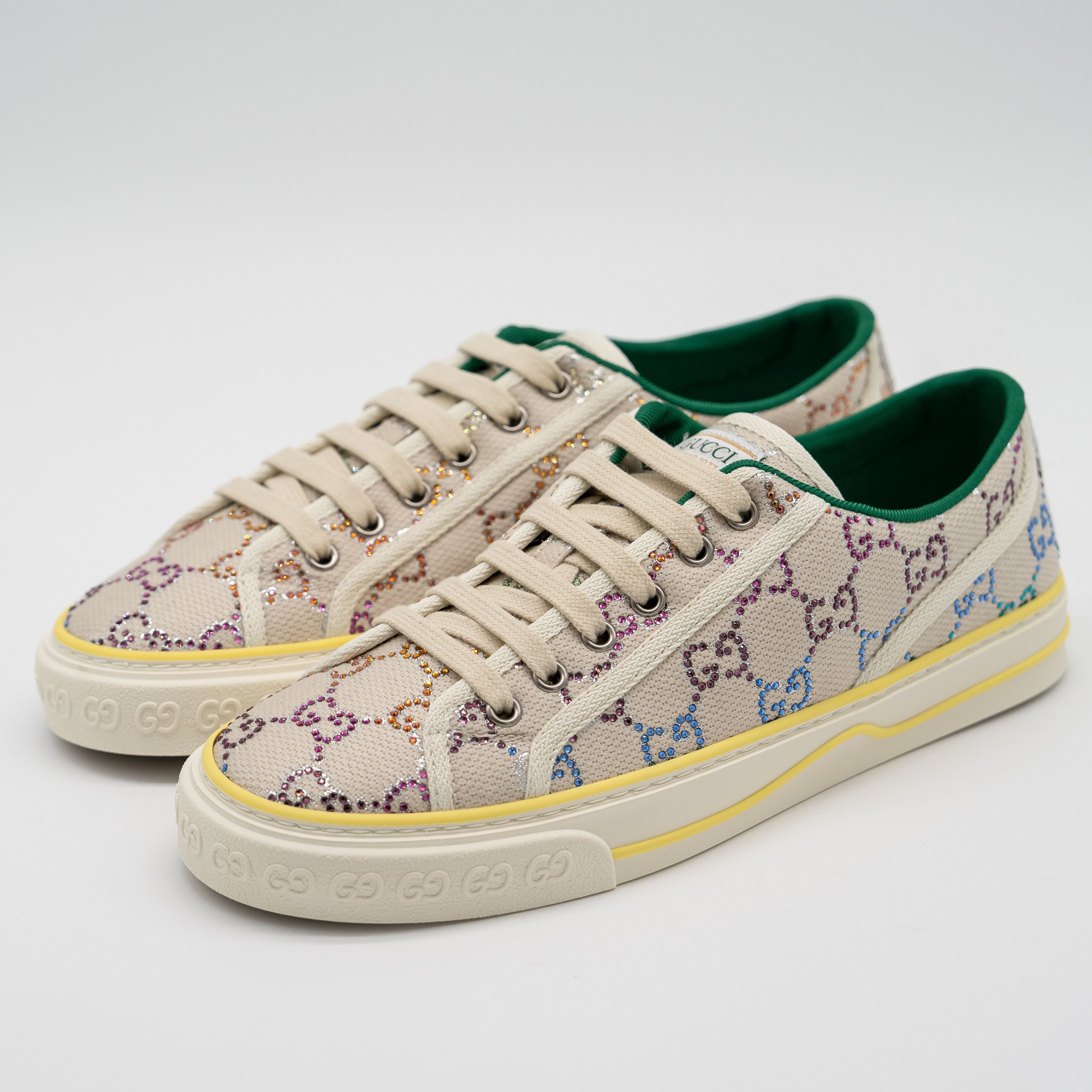 40G 10 us Gucci Canvas Crystal GG 1977 Tennis Sneakers Beige