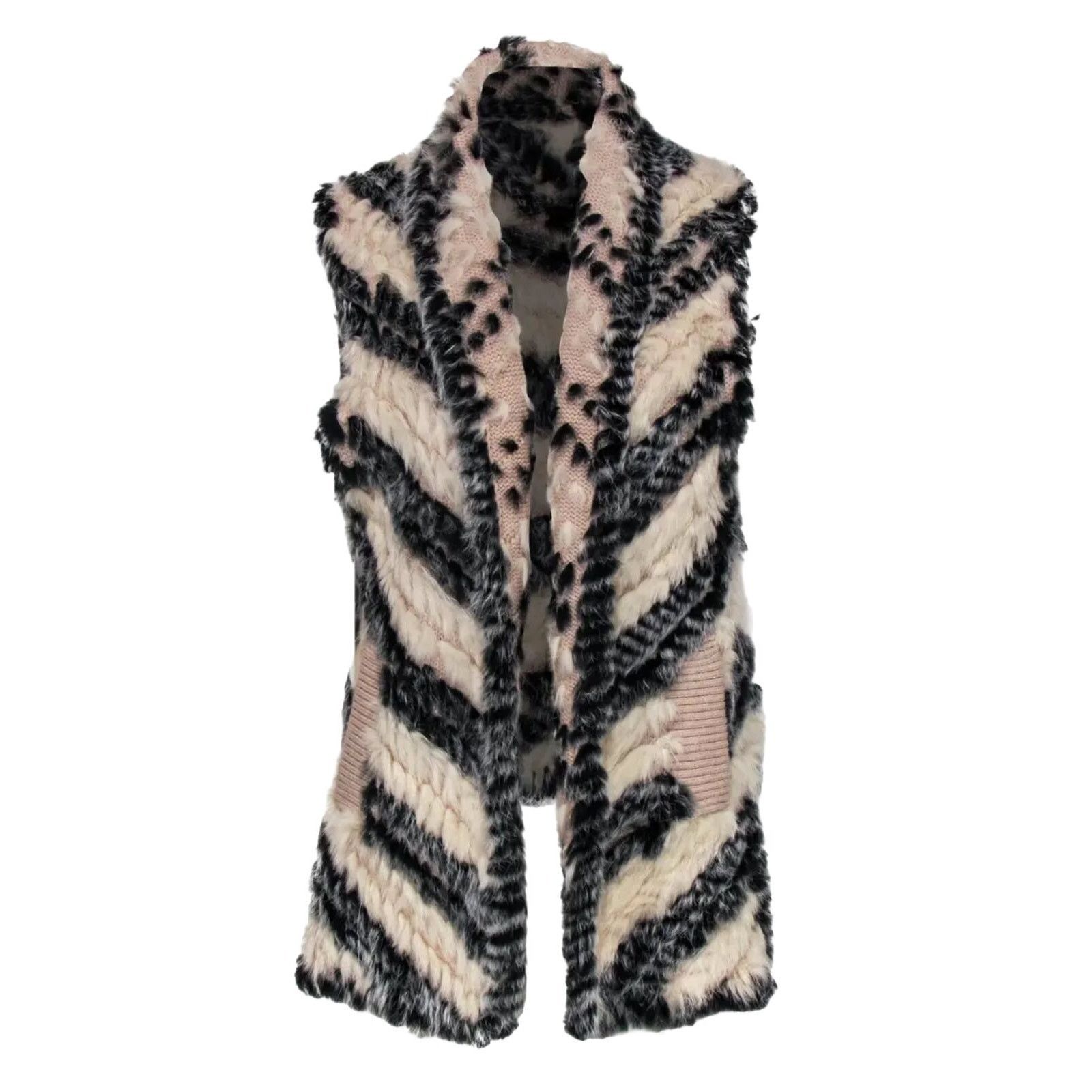 Marc by Marc Jacobs Marc by Marc Jacobs Cream Black Stripe Rabbit Fur Vest OS Size ONE SIZE - 1 Thumbnail