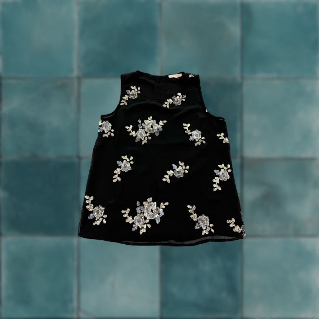 Vintage Skies are Blue Tank Top Womens XS Black Floral Sequin Sleeveless Round Neck Pullover Size XS / US 0-2 / IT 36-38 - 1 Thumbnail