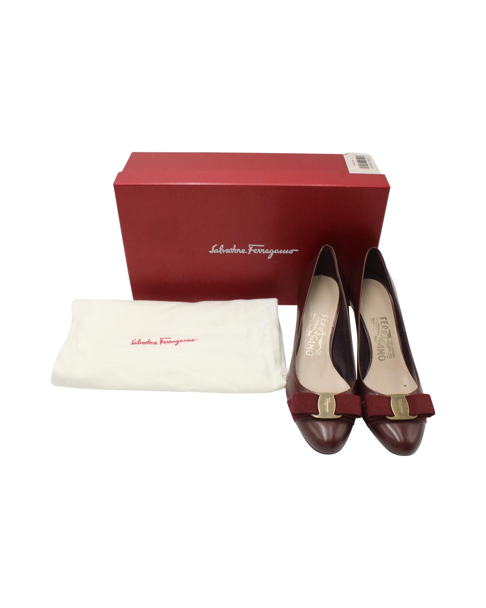 image of Salvatore Ferragamo Burgundy Leather Bow Pumps With Gold-Tone Hardware Shoes in Red/Burgundy, Women