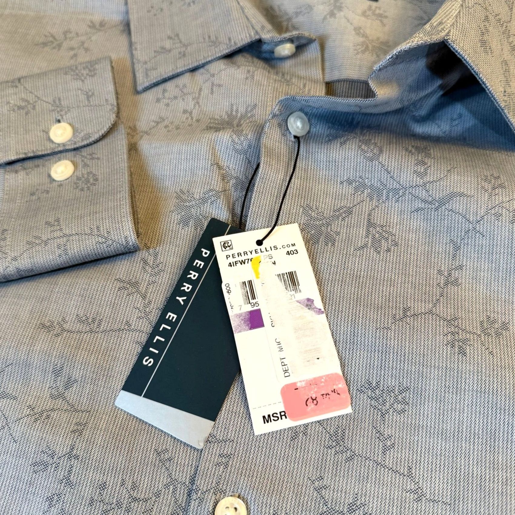 Perry Ellis Perry Ellis Mens Big & Tall 2X Blue Grey Floral Vine Cotton Button-Down Shirt NWT Size US XXL / EU 58 / 5 - 4 Thumbnail