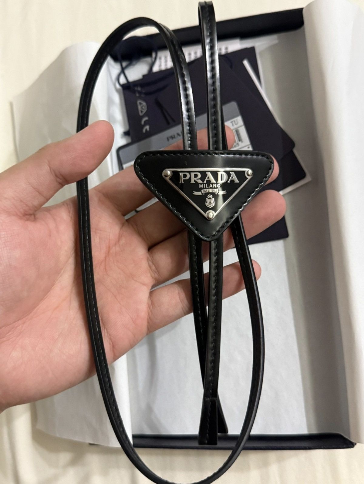 Prada Prada Logo Embellished Glossy Leather Bolo Tie Size ONE SIZE - 3 Thumbnail