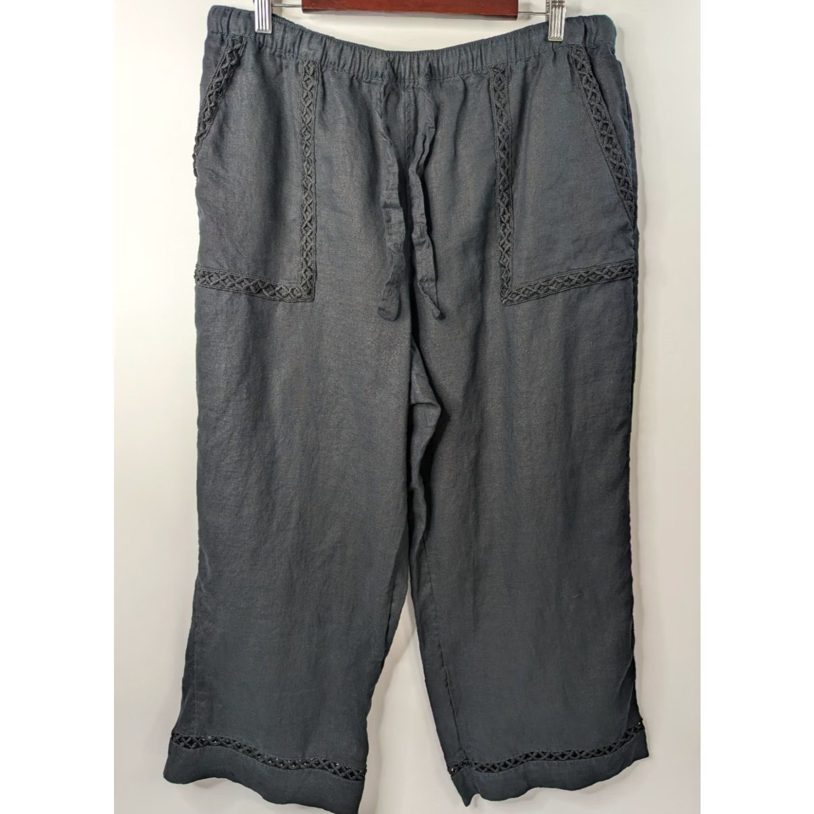 Joie Joie Pants Womens XL Black 100% Linen Cropped Wide-Leg Drawstring Lace Beach Bohemian Resort Casual Travel Size 40" / US 18 - 2 Thumbnail