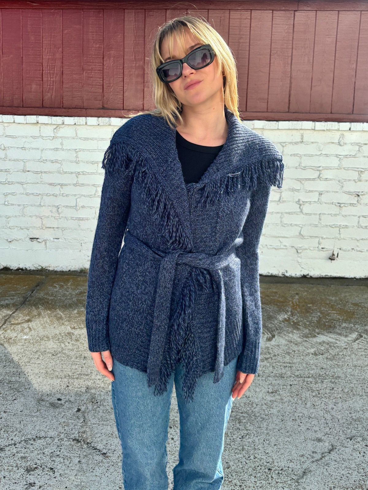 Other Navy Belted Cardigan with Fringe Trim Size M / US 6-8 / IT 42-44 - 1 Thumbnail