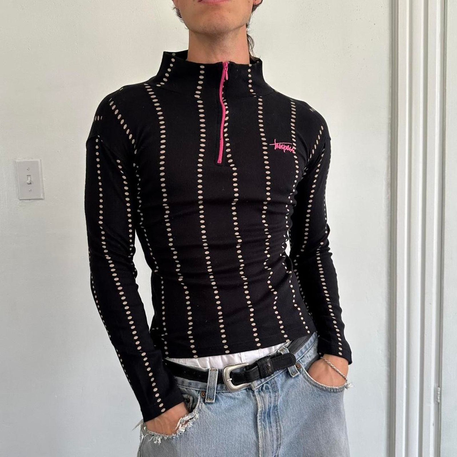 Vintage Vintage Y2K Striped Polka Dot Pink Longsleeve Quarterzip Top Size XS / US 0-2 / IT 36-38 - 2 Thumbnail