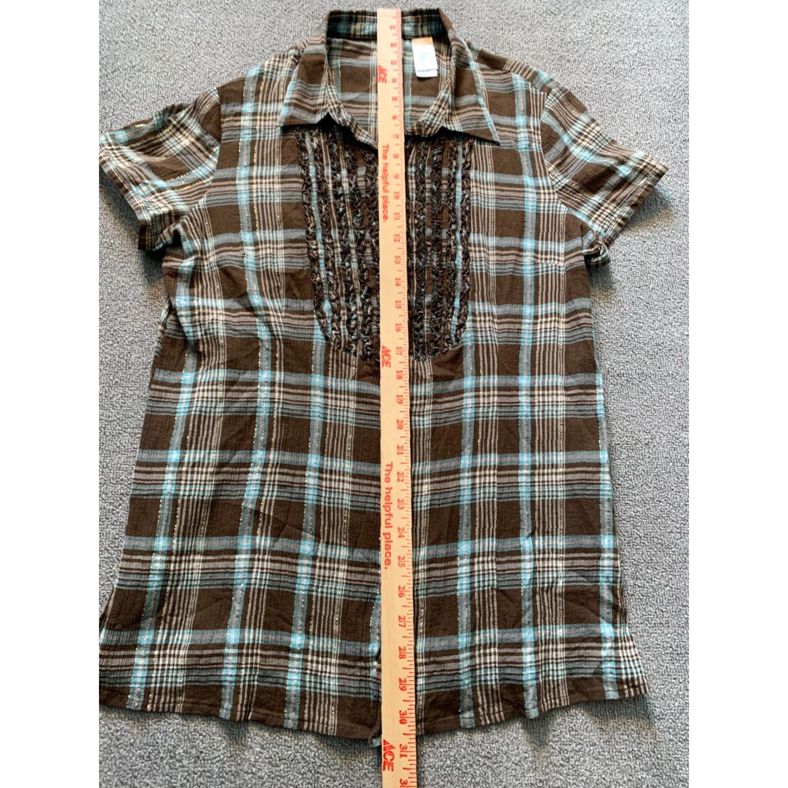 Vintage Emma James Womens 16 Short Sleeve Button-Up Plaid Brown Blue Ruffle Chest Shirt Women Size 38" / US 16 / IT 52 - 5 Thumbnail