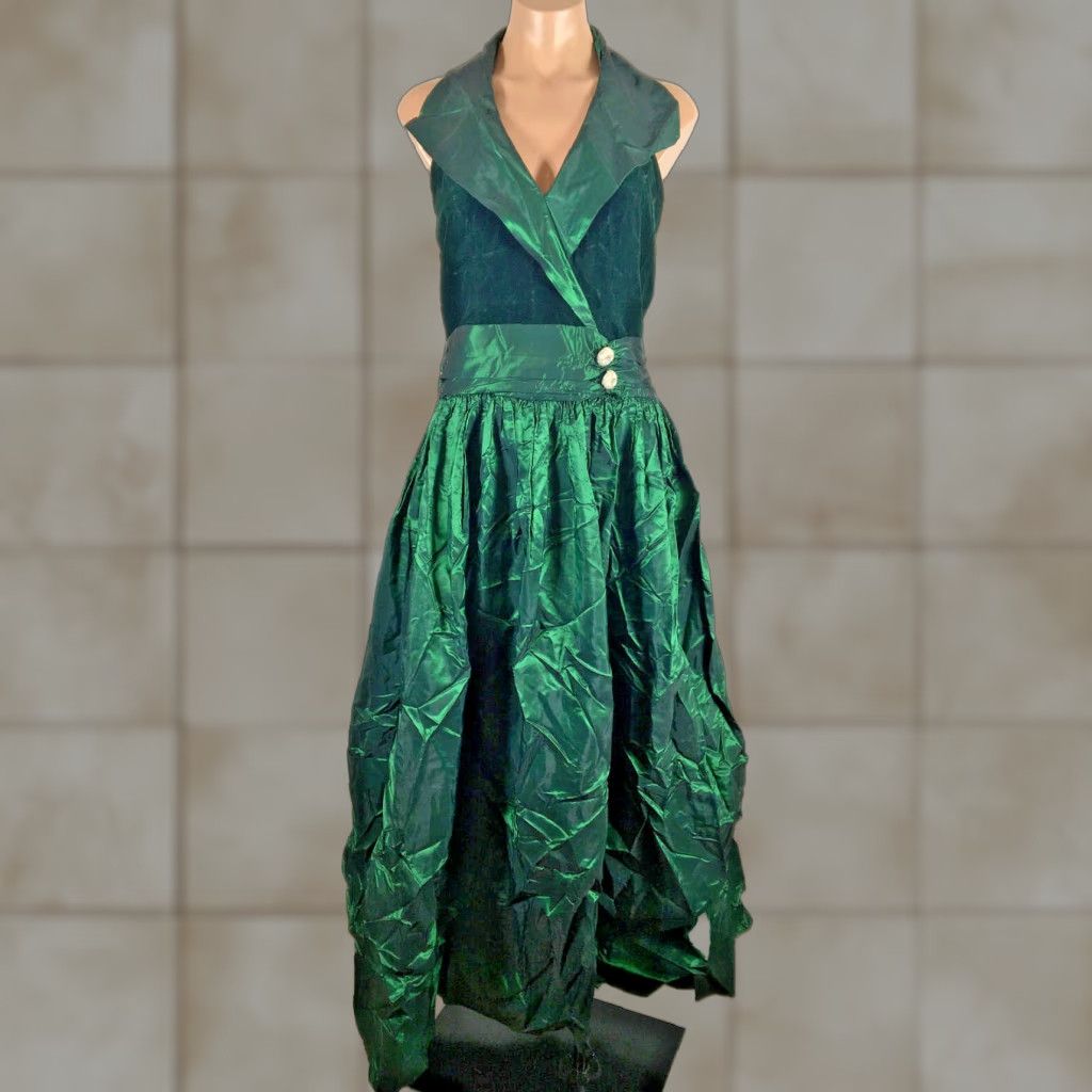 VINTAGE UNION Halter Velvet Dress Alfred Angelo Green Iridescent Taffeta  80s 8