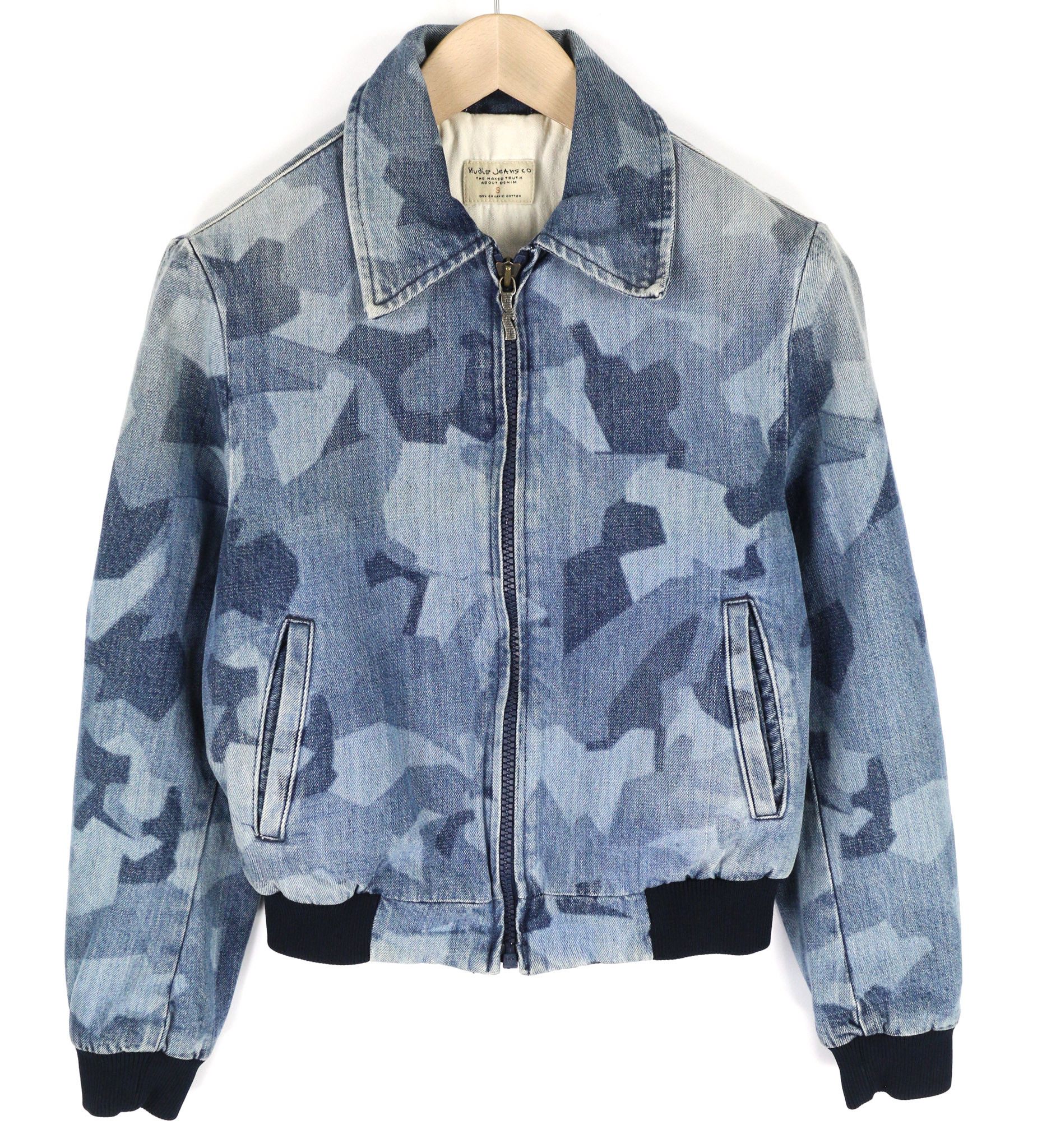 Nudie Jeans GUDRUN CAMO DENIM S Blue Patterned Bomber Jacket 81102 Size S / US 4 / IT 40 - 1 Thumbnail