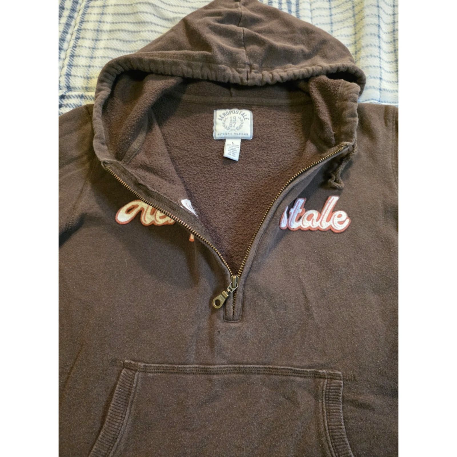 Vintage VINTAGE Aeropostale 1/2 Zip Hoodie Brown Womens Large Embroidered Spellout Logo Pocket Hooded Crew Neck Fleece Cotton Polyester Fall Winter Spring Size L / US 10 / IT 46 - 3 Thumbnail