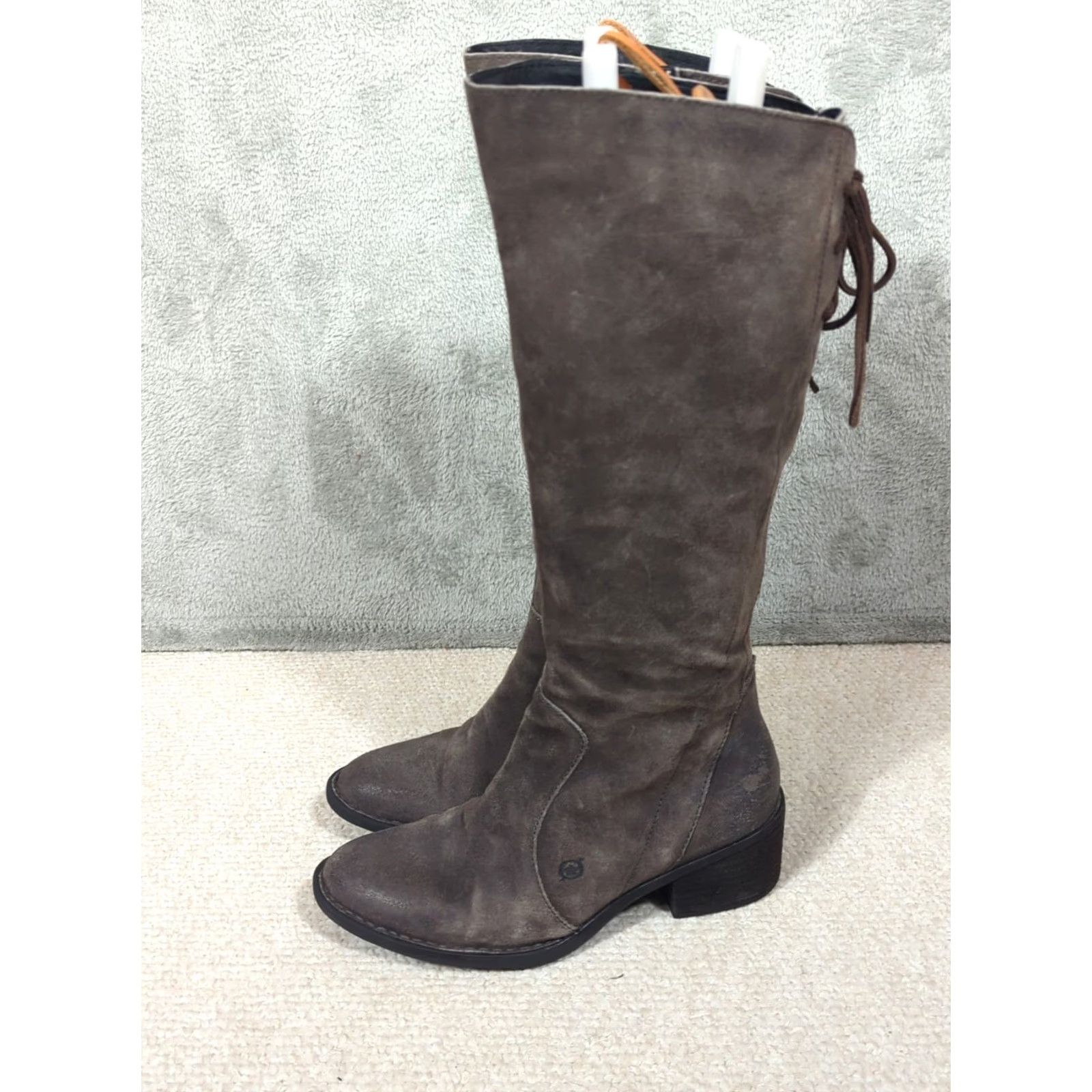 Born Born Felicia Gray Brown Suede Zip Up Knee High Boots Lace Back Women's 8.5 Size US 9 / IT 39 - 3 Thumbnail
