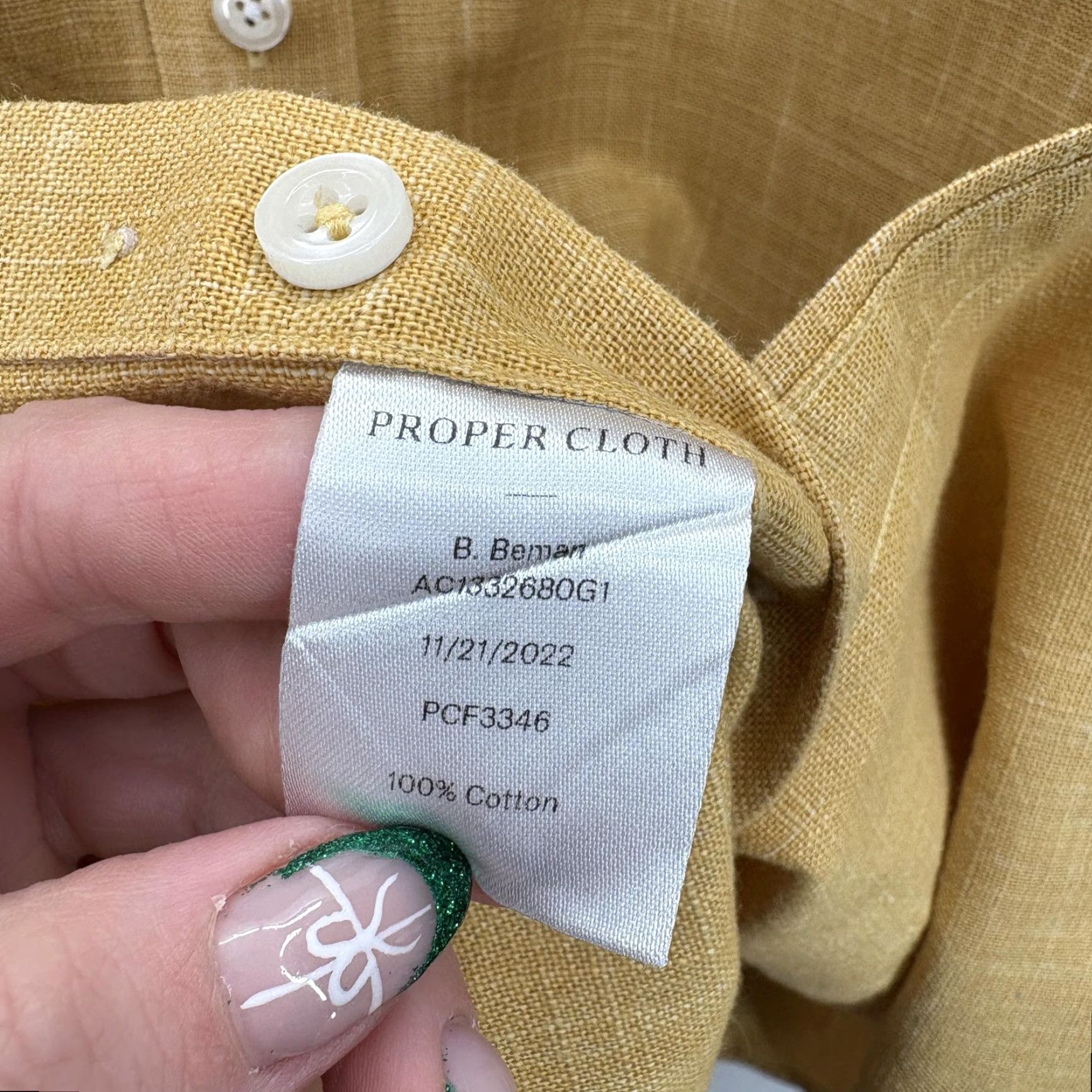 Proper Cloth Proper Cloth Shirt Mens 17 34.5 Mustard Yellow Cotton Button Front Long Sleeve Dress Shirt Mens Size US XL / EU 56 / 4 - 6 Thumbnail