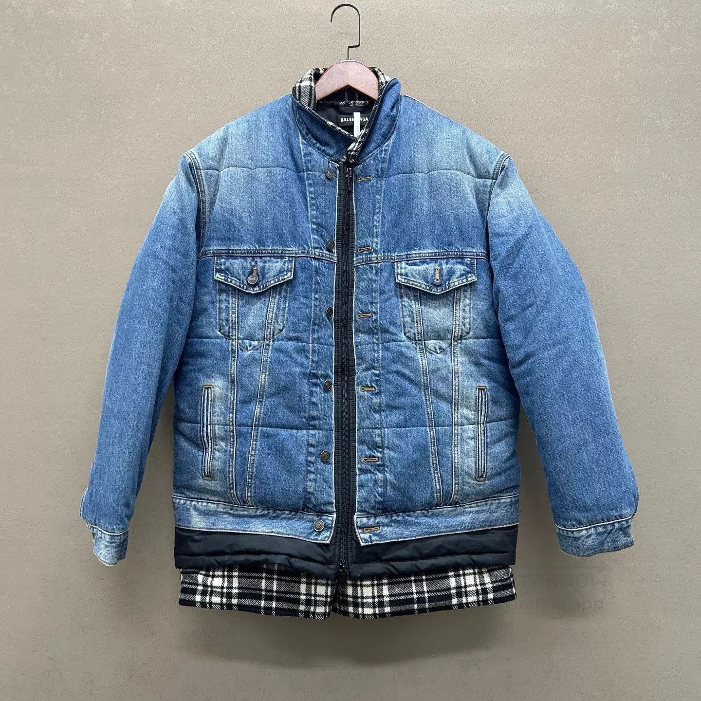 Balenciaga Blue Quilted Denim Jacket with Plaid Trim. Size US S / EU 44-46 / 1 - 1 Thumbnail