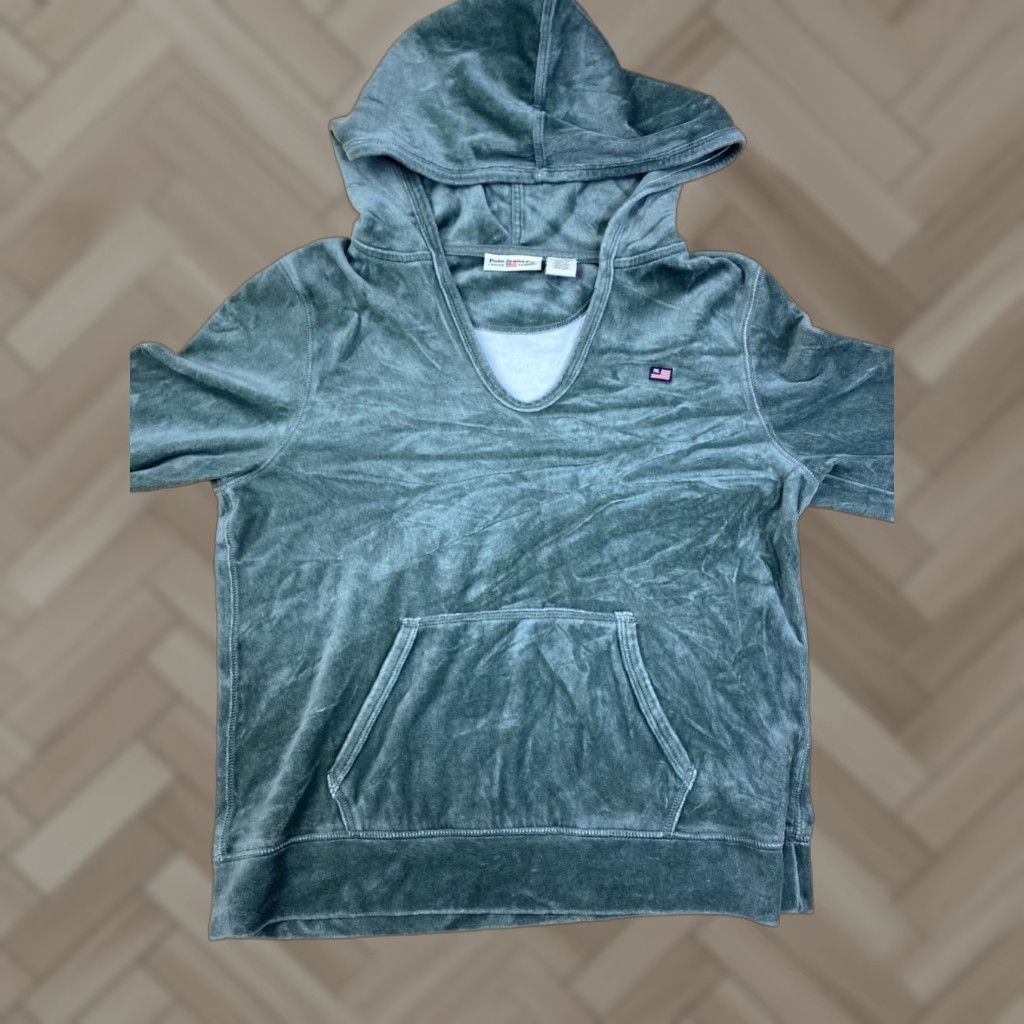 Ralph Lauren VINTAGE Polo Ralph Lauren Velour Hoodie Womens L V Neck Green Pullover 10512 Size L / US 10 / IT 46 - 1 Thumbnail