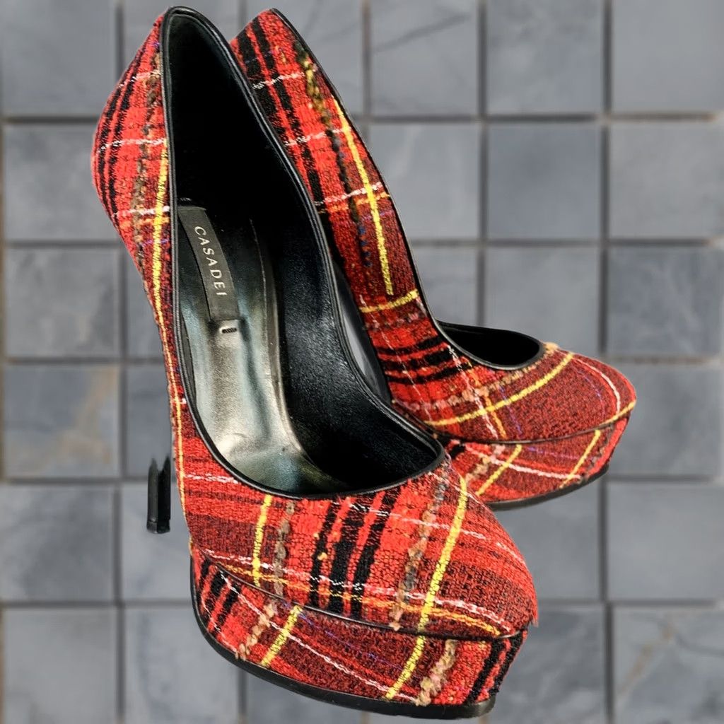 Casadei CASADEI Platform Pumps Size 9 Red Black Yellow Tweed Plaid Leather Trim Size US 9 / IT 39 - 1 Thumbnail