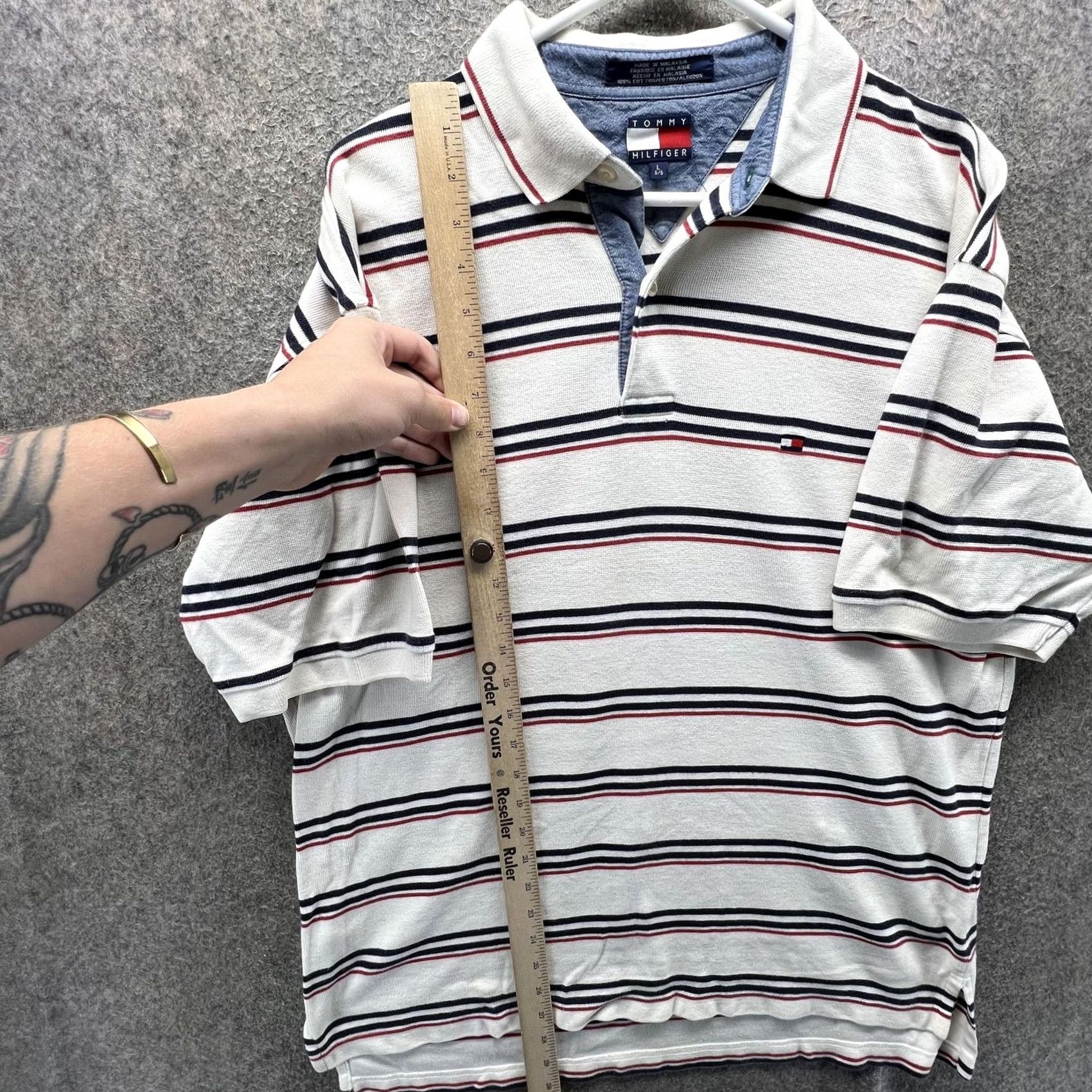 Tommy Hilfiger Tommy Hilfiger Polo Shirt Mens L White Stripe Chambray Collar Short Sleeve Size US L / EU 52-54 / 3 - 6 Thumbnail