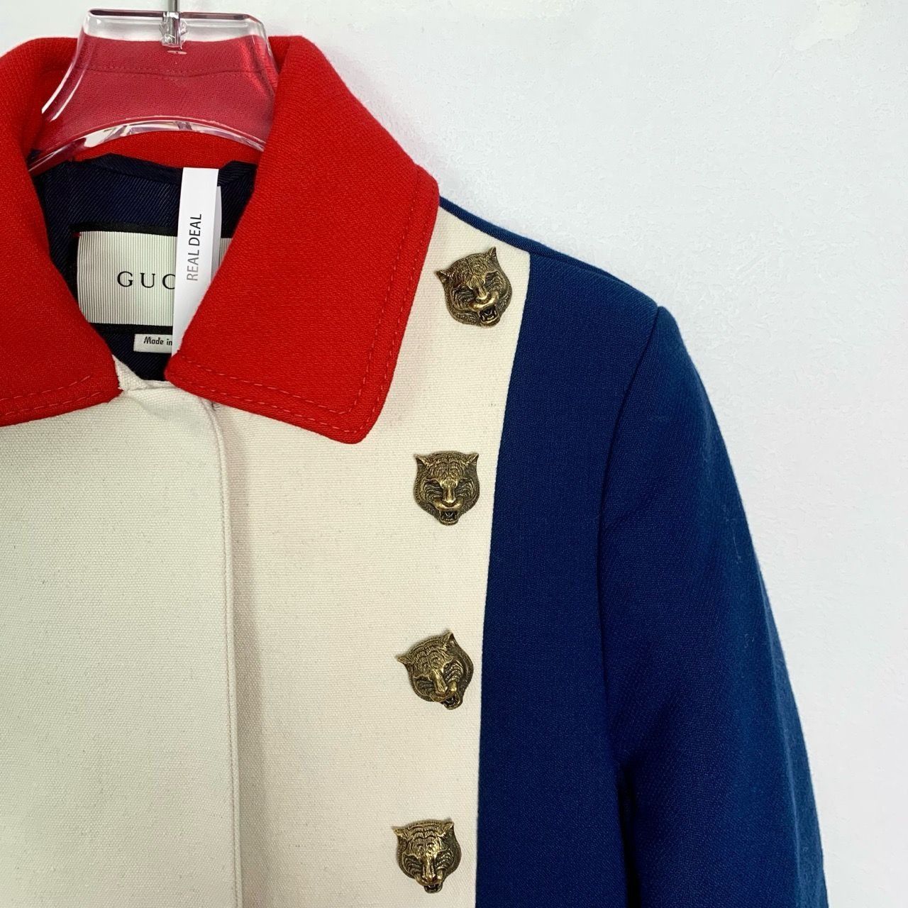 Gucci Gucci Red Collar Wool Coat With Tiger Head Buttons Blue & Cr Size S / US 4 / IT 40 - 5 Thumbnail