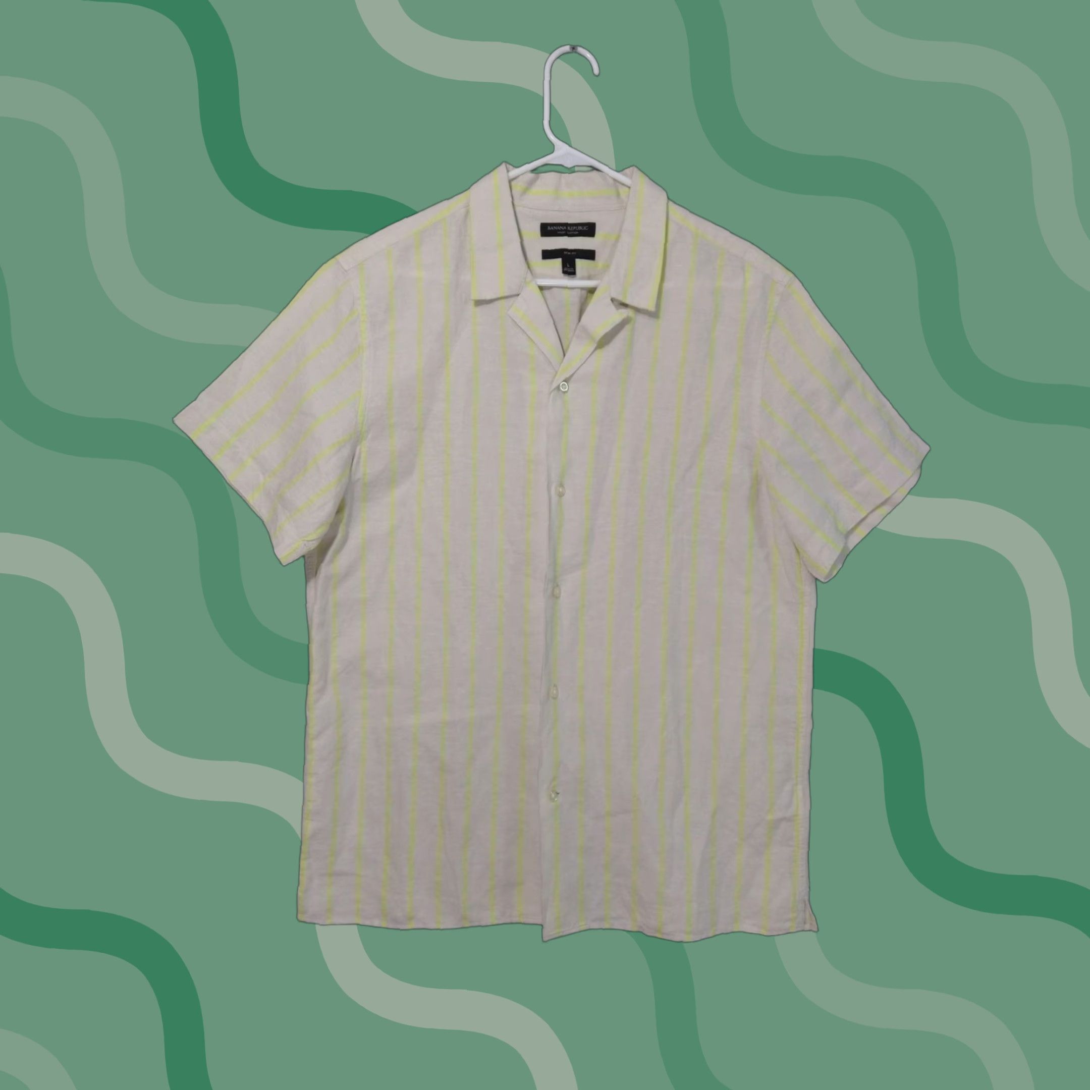 Banana Republic Banana Republic Shirt Mens Large Beige Stripe Linen Blend Hawaiian Slim Fit Shirt Size US L / EU 52-54 / 3 - 1 Thumbnail