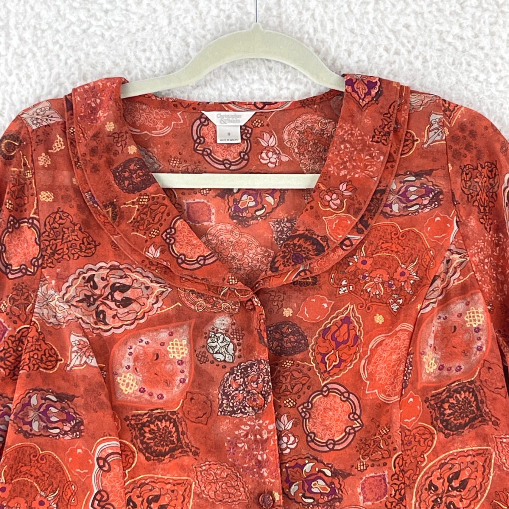 Vintage Christopher & Banks Shirt Womens Small Orange Paisley Sheer Chiffon Button-Front Size S / US 4 / IT 40 - 3 Thumbnail