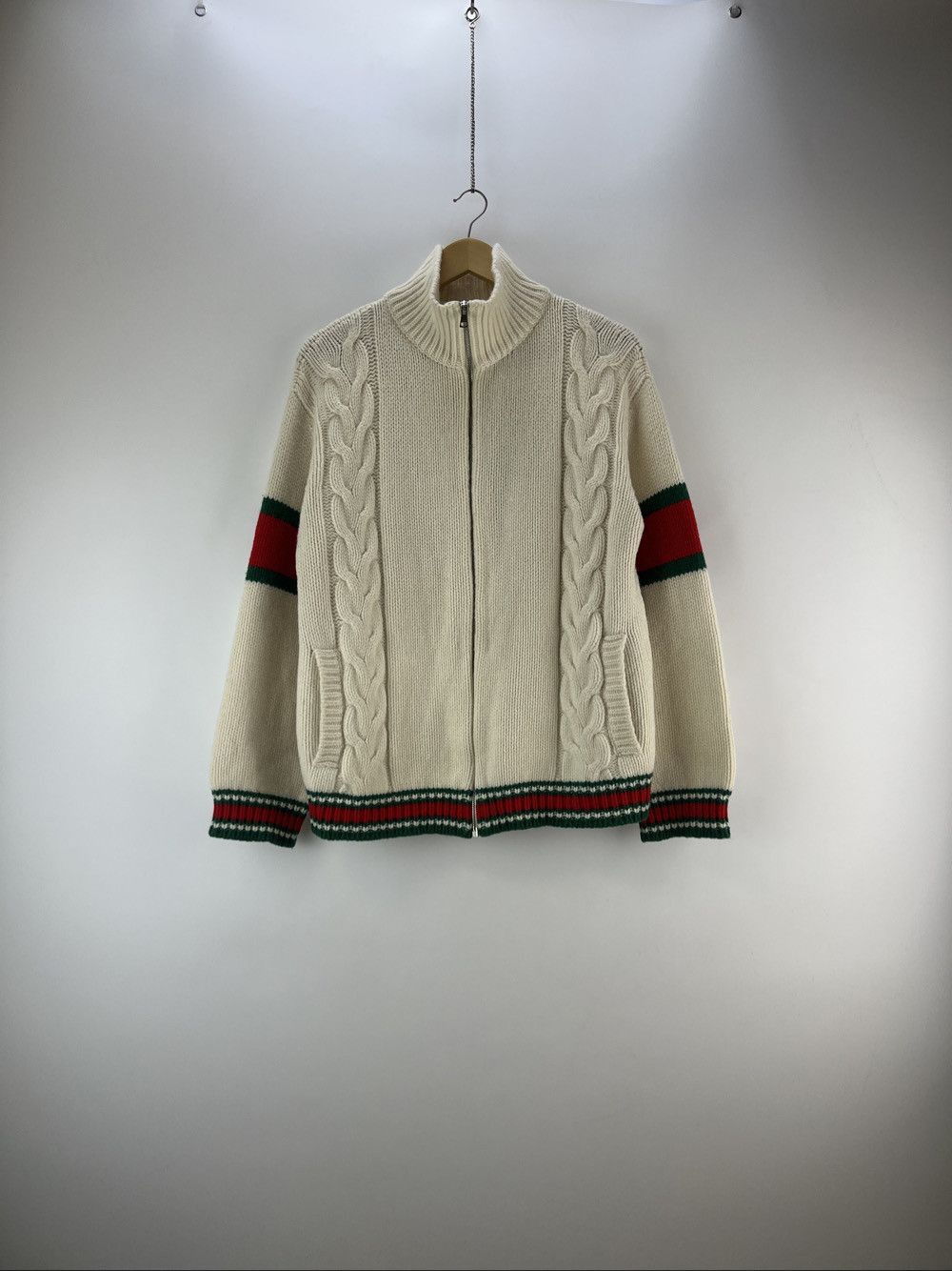 Gucci Gucci Cable Knit Web Stripe Zip Up Sweater Size M Size US M / EU 48-50 / 2 - 1 Thumbnail