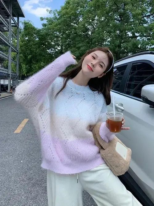 Japanese Brand Zoki Hollow Out Rainbow Women Striped Sweaters Size ONE SIZE - 5 Thumbnail