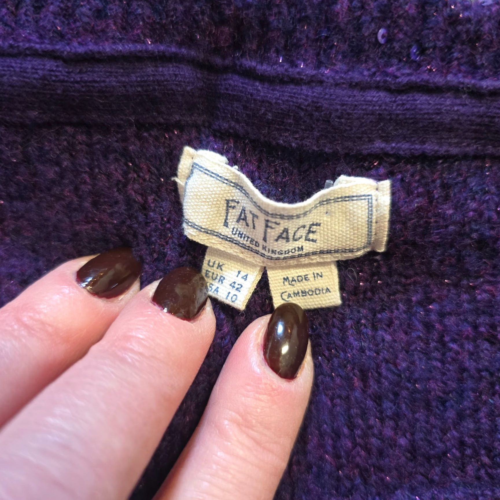 FatFace Fat Face Sweater Women Size 10 Purple Sequin Glitter Stretch Knit Balloon Sleeve Womens Size L / US 10 / IT 46 - 4 Thumbnail