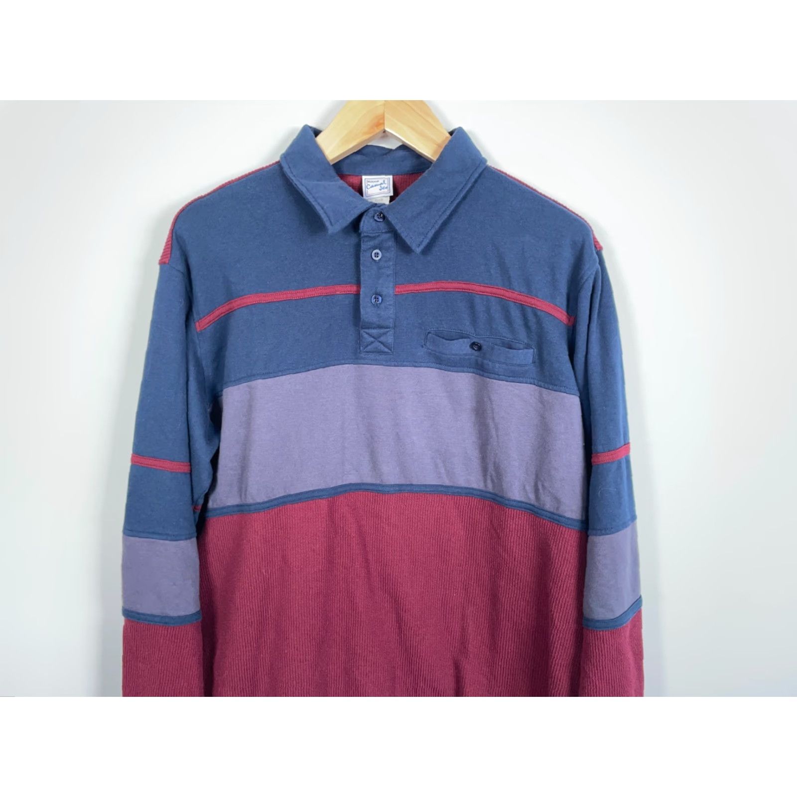 Haband Haband Polo Shirt Mens Adult XL Red Blue Striped Retro Textured Waffle Knit Long Sleeve Size US XL / EU 56 / 4 - 4 Thumbnail