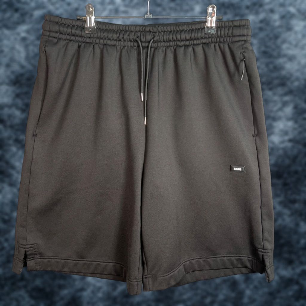 Rains Rains Mens Large Black Sweatshorts Drawstring Elastic Waist Polyester Spandex Athletic Slim Front Flat Inseam 12 in 33 in Size ONE SIZE - 1 Thumbnail