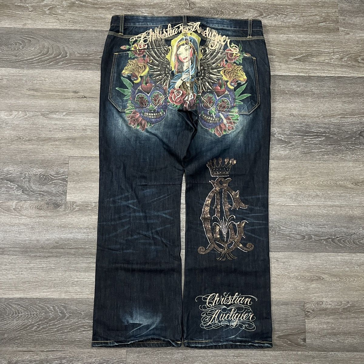 image of Crazy Vintage Y2K Christian Audigier Baggy Embroidered in Navy, Men's (Size 40)