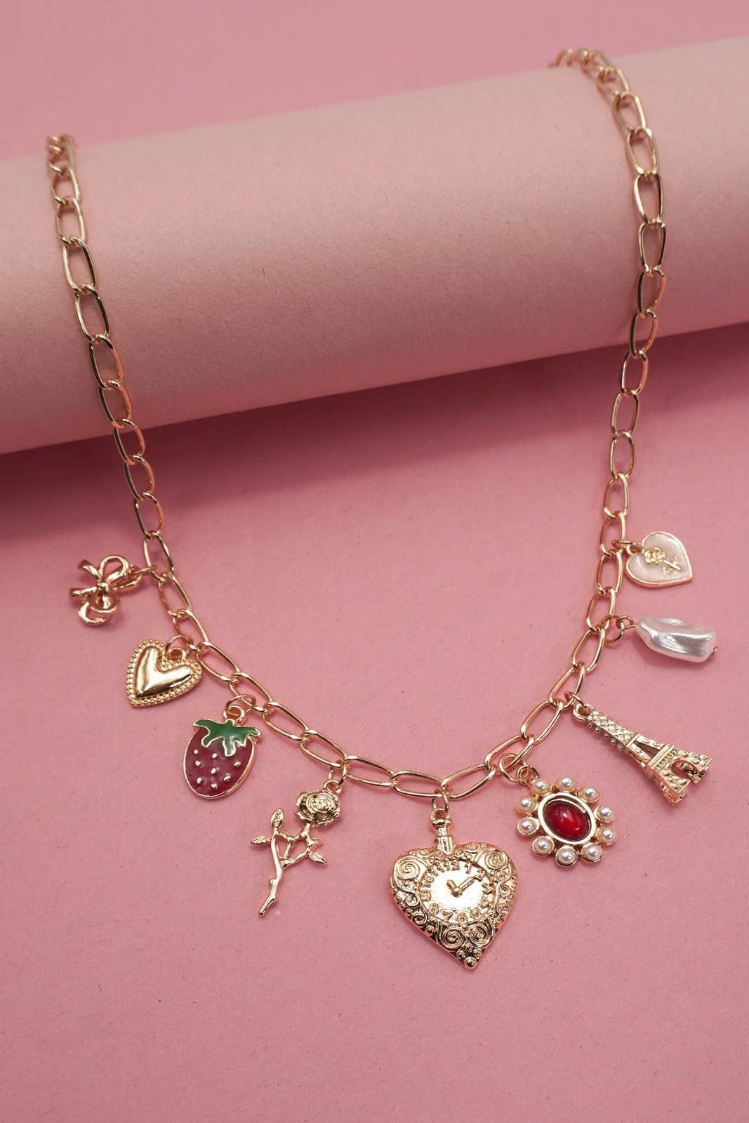 Other Charm Necklace Heart Bow Rose Strawberry Eiffel Tower Size ONE SIZE - 2 Thumbnail