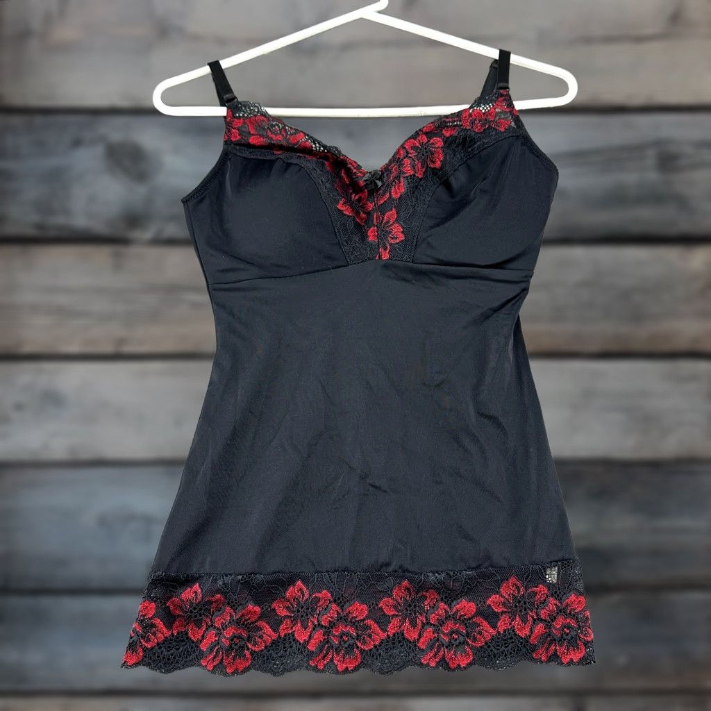 Vintage VINTAGE Lace Slip Womens M Black Red Rose Floral Padded Nylon Lingerie Dress Y2K Tank Sleeveless Racerback Sweetheart Strap Nylon Lace Cotton Size M / US 6-8 / IT 42-44 - 1 Thumbnail