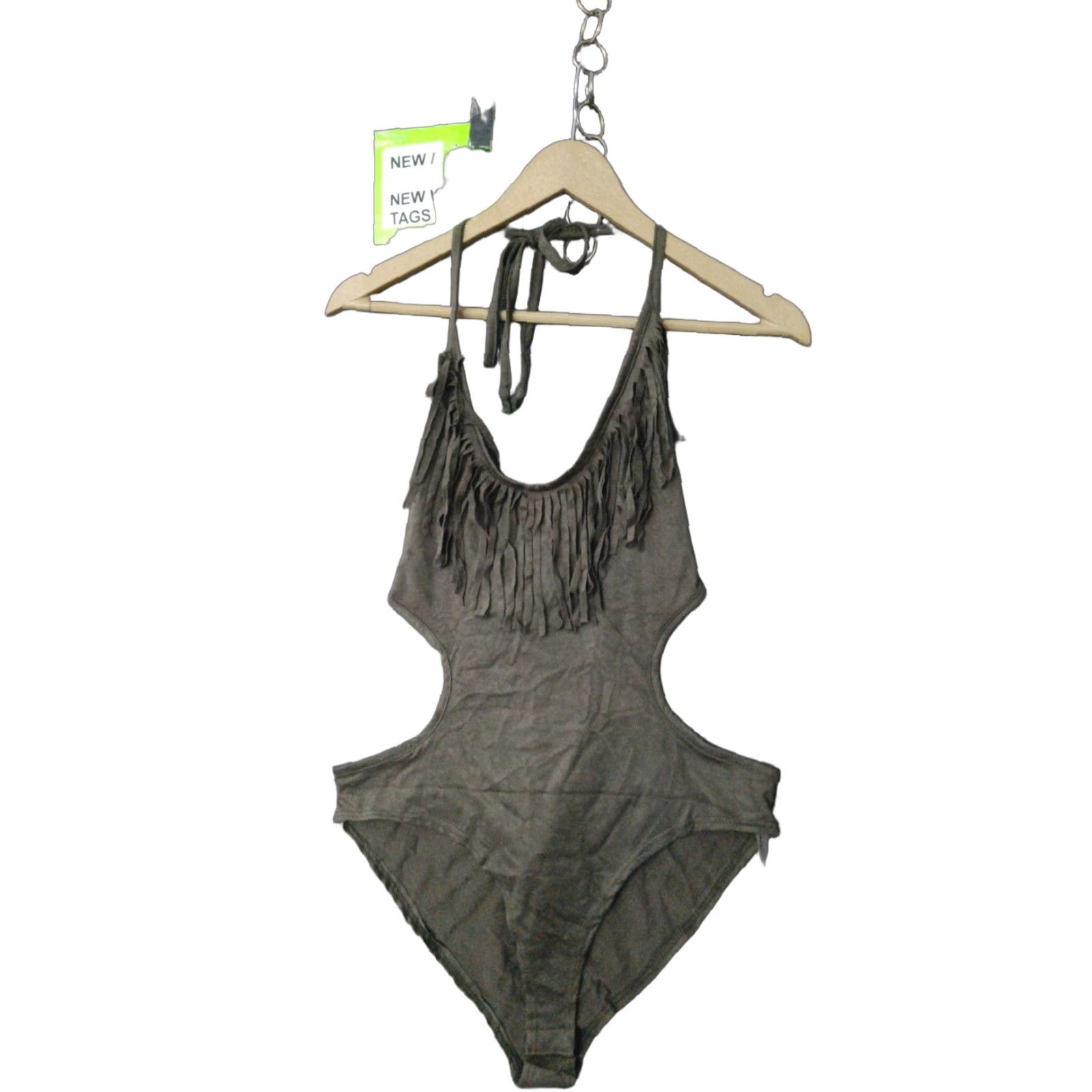 Olive Codigo Fringe Bodysuit Women's Olive Gray L Fringe Color Solid One Piece Adjustable Strap Wireless Polyester Spandex Colorful 90s Womens Size L / US 10 / IT 46 - 1 Thumbnail