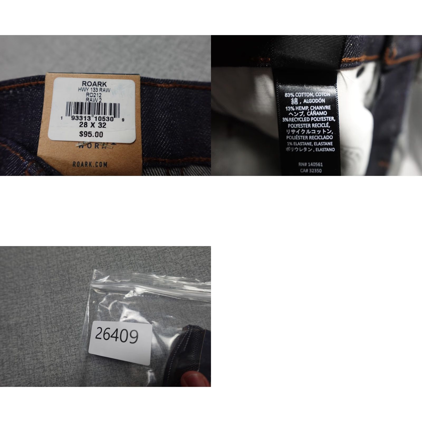 Roark Roark Hwy 133 Jeans Mens 28x32 Blue Raw Denim Slim Fit Tapered Leg NWT Shrink-to-Fit Signature Patch Zip Pockets Cotton Hemp Elastane Size US 28 / EU 44 - 9 Thumbnail