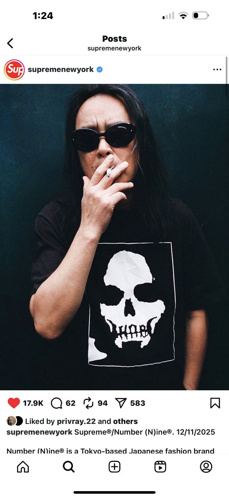 Number (N)ine × Supreme Supreme®/Number (N)ine Manson Tee Black Size US M / EU 48-50 / 2 - 10 Thumbnail